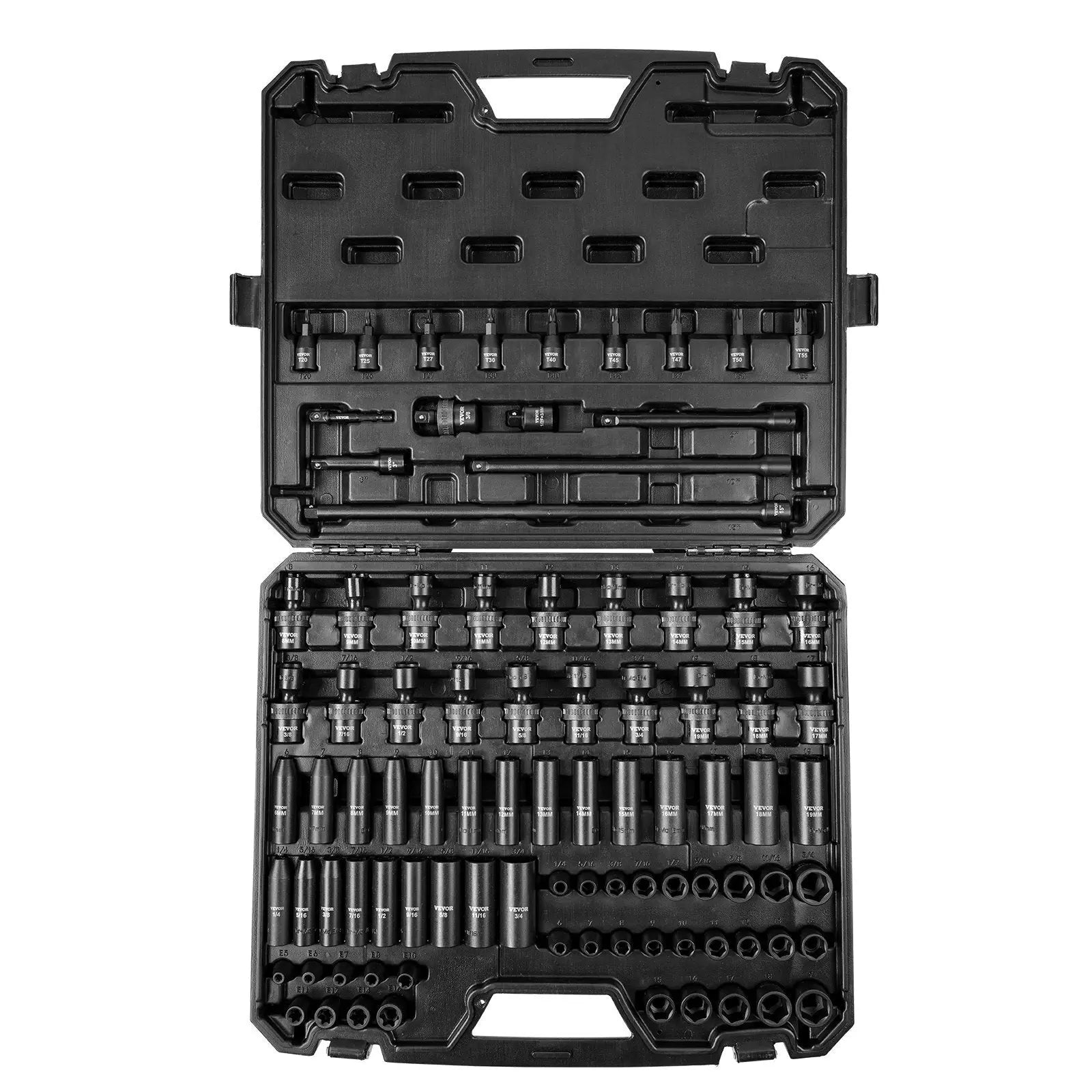 3/8" Drive Impact Socket Set, SAE 1/4"-3/4" and Metric 6-19mm 90 Piece Socket Set, 6 Point Cr-Mo Alloy Steel for Auto Repair, Includes Extension Bars Universal Joint Adapter Lock Storage Case VEVOR