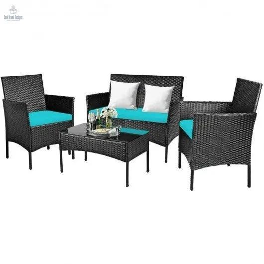 4 Pcs Patio Rattan Cushioned Sofa Furniture Set with Tempered Glass Coffee Table - Turquoise - Color: Turquoise - Cool Brand Designs