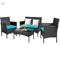 4 Pcs Patio Rattan Cushioned Sofa Furniture Set with Tempered Glass Coffee Table - Turquoise - Color: Turquoise - Cool Brand Designs