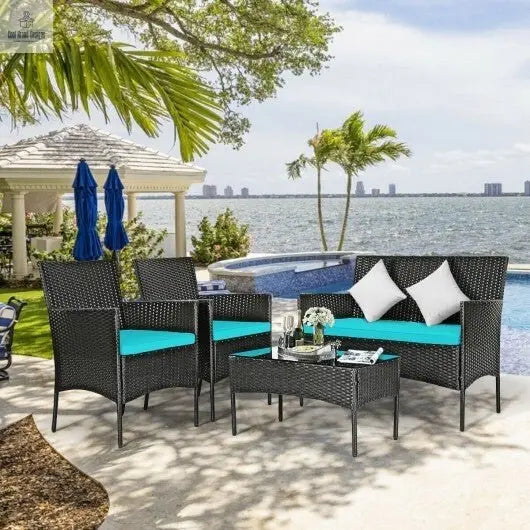 4 Pcs Patio Rattan Cushioned Sofa Furniture Set with Tempered Glass Coffee Table - Turquoise - Color: Turquoise - Cool Brand Designs