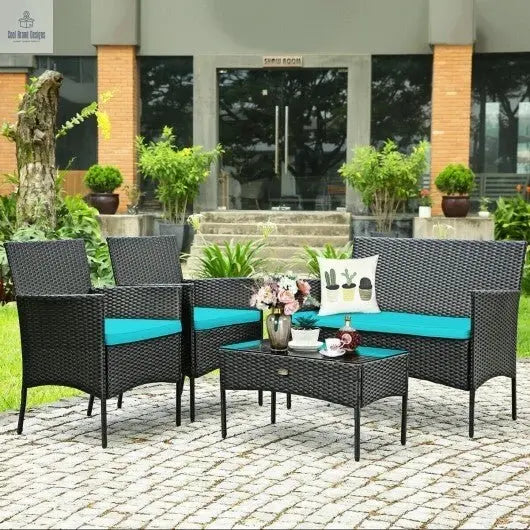 4 Pcs Patio Rattan Cushioned Sofa Furniture Set with Tempered Glass Coffee Table - Turquoise - Color: Turquoise - Cool Brand Designs