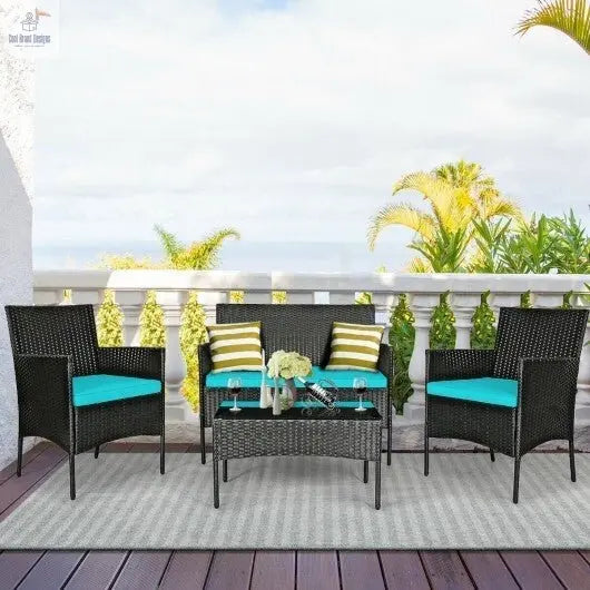 4 Pcs Patio Rattan Cushioned Sofa Furniture Set with Tempered Glass Coffee Table - Turquoise - Color: Turquoise - Cool Brand Designs