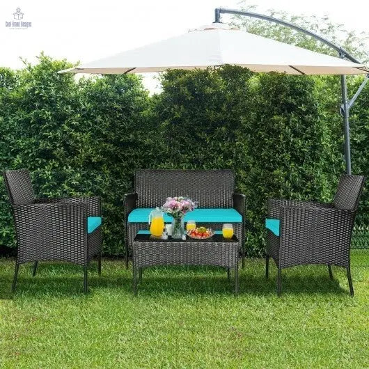 4 Pcs Patio Rattan Cushioned Sofa Furniture Set with Tempered Glass Coffee Table - Turquoise - Color: Turquoise - Cool Brand Designs