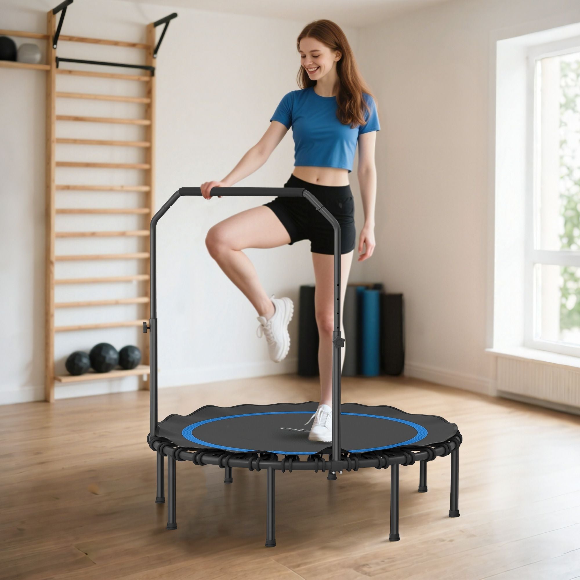 48" Rebounder Trampoline for Adults, Foldable Mini Trampoline with Adjustable Handle Bar for Indoor Outdoor, Blue - Cool Brand Designs