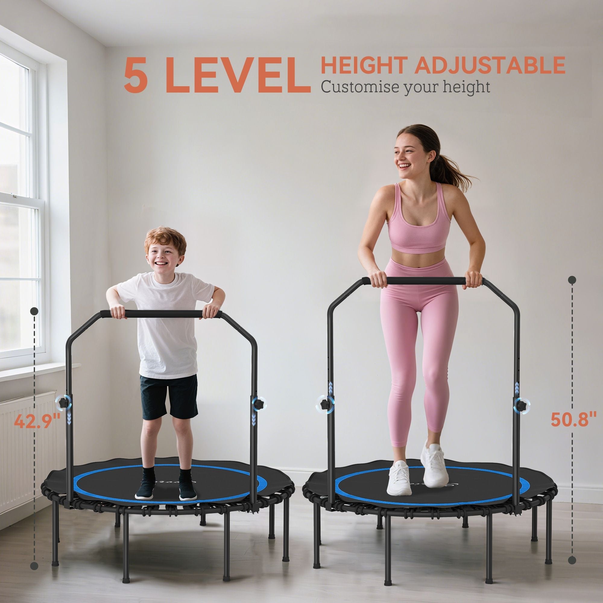 48" Rebounder Trampoline for Adults, Foldable Mini Trampoline with Adjustable Handle Bar for Indoor Outdoor, Blue - Cool Brand Designs