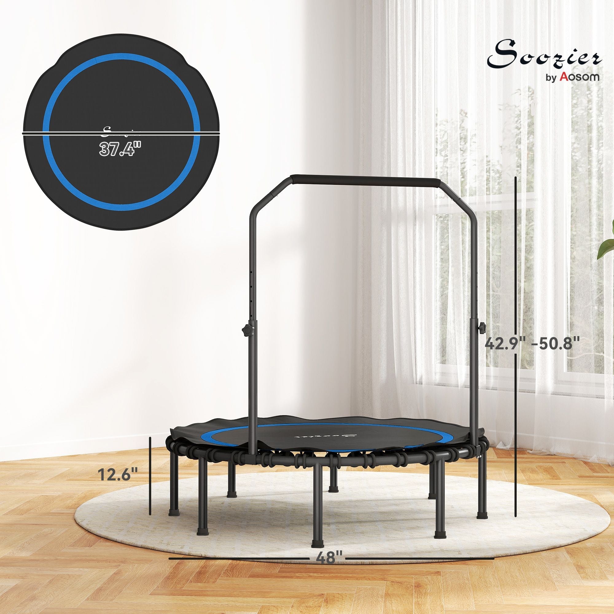 48" Rebounder Trampoline for Adults, Foldable Mini Trampoline with Adjustable Handle Bar for Indoor Outdoor, Blue - Cool Brand Designs