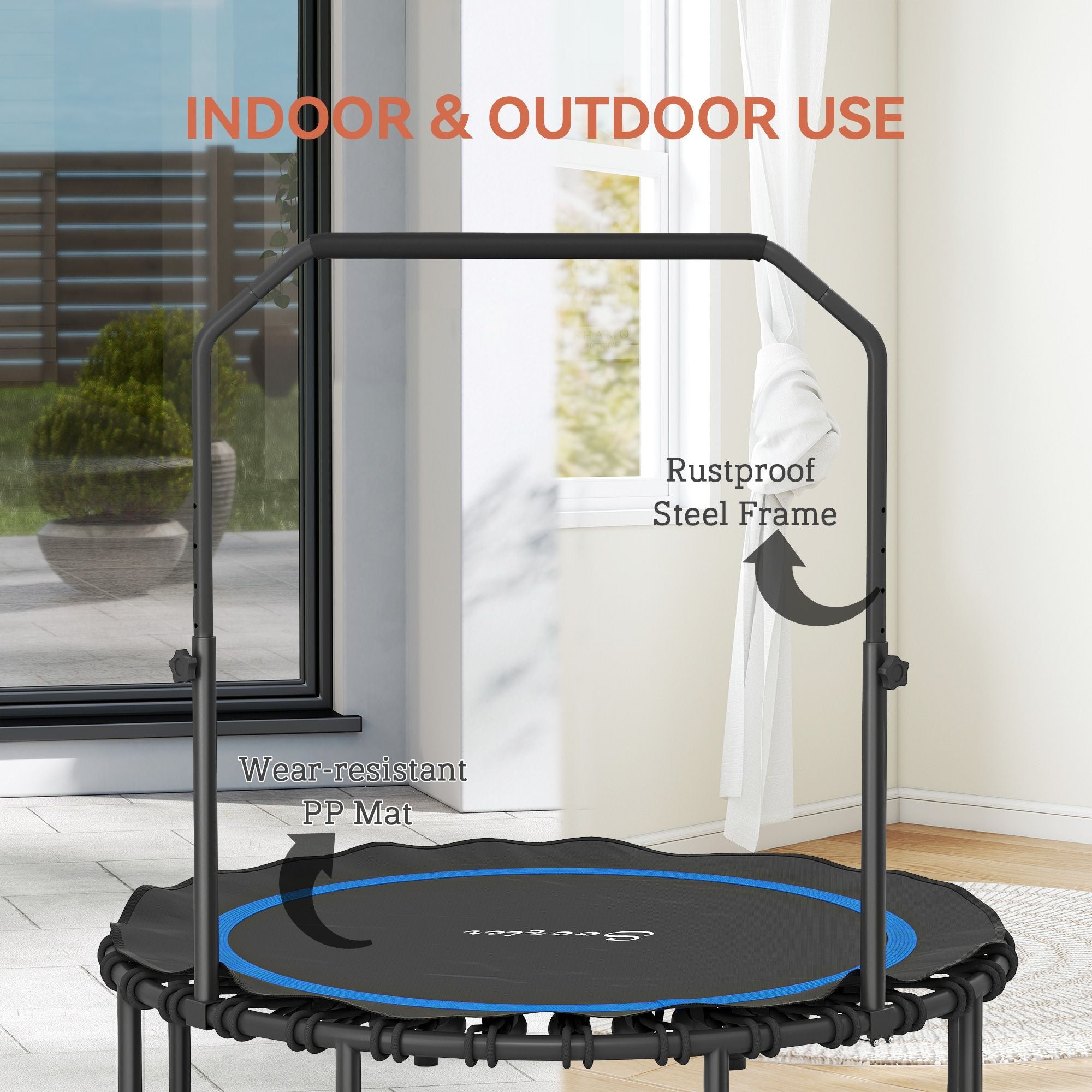 48" Rebounder Trampoline for Adults, Foldable Mini Trampoline with Adjustable Handle Bar for Indoor Outdoor, Blue - Cool Brand Designs