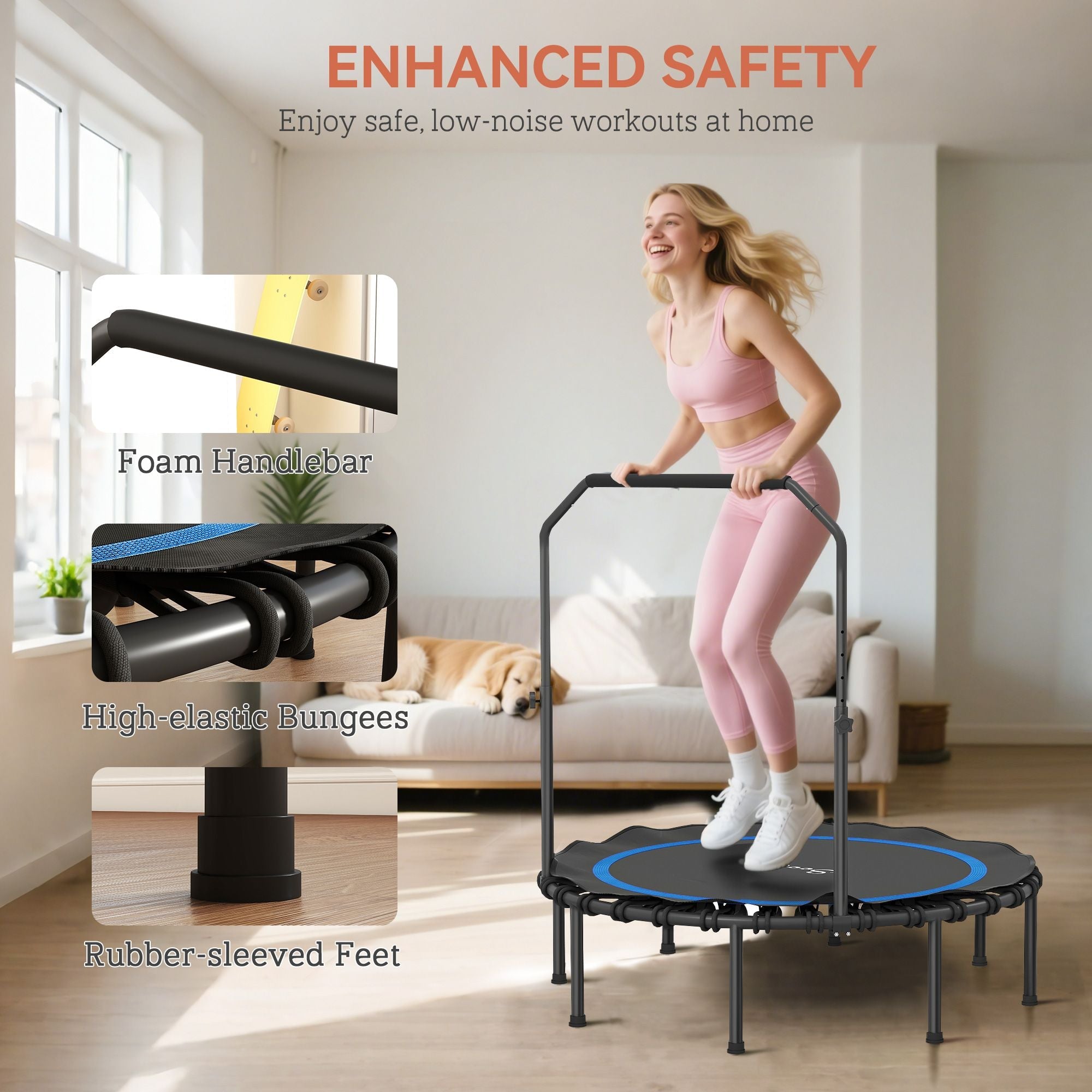 48" Rebounder Trampoline for Adults, Foldable Mini Trampoline with Adjustable Handle Bar for Indoor Outdoor, Blue - Cool Brand Designs