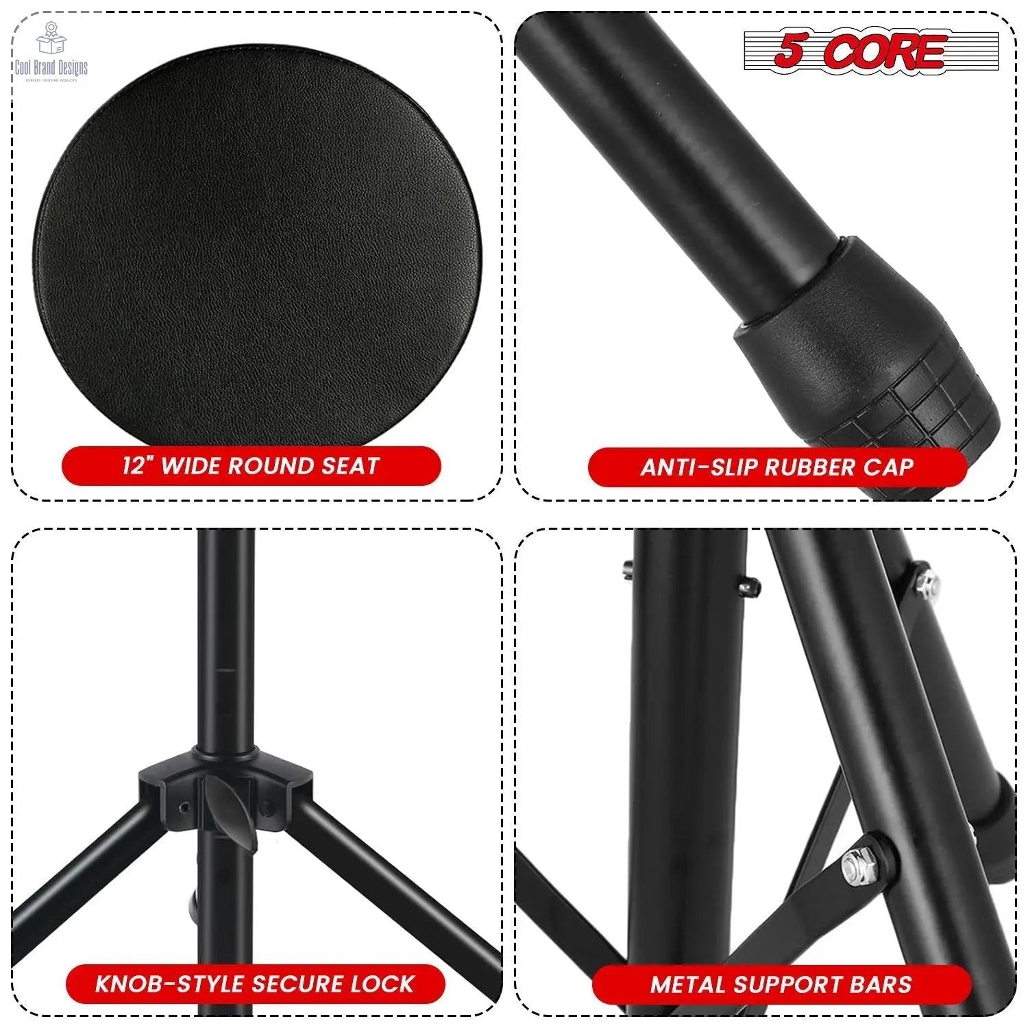 5 Core Drum Throne 3" Thick Padded Memory Foam Comfortable Drummer Stool 330Lb Capacity Adjustable - Cool Brand Designs