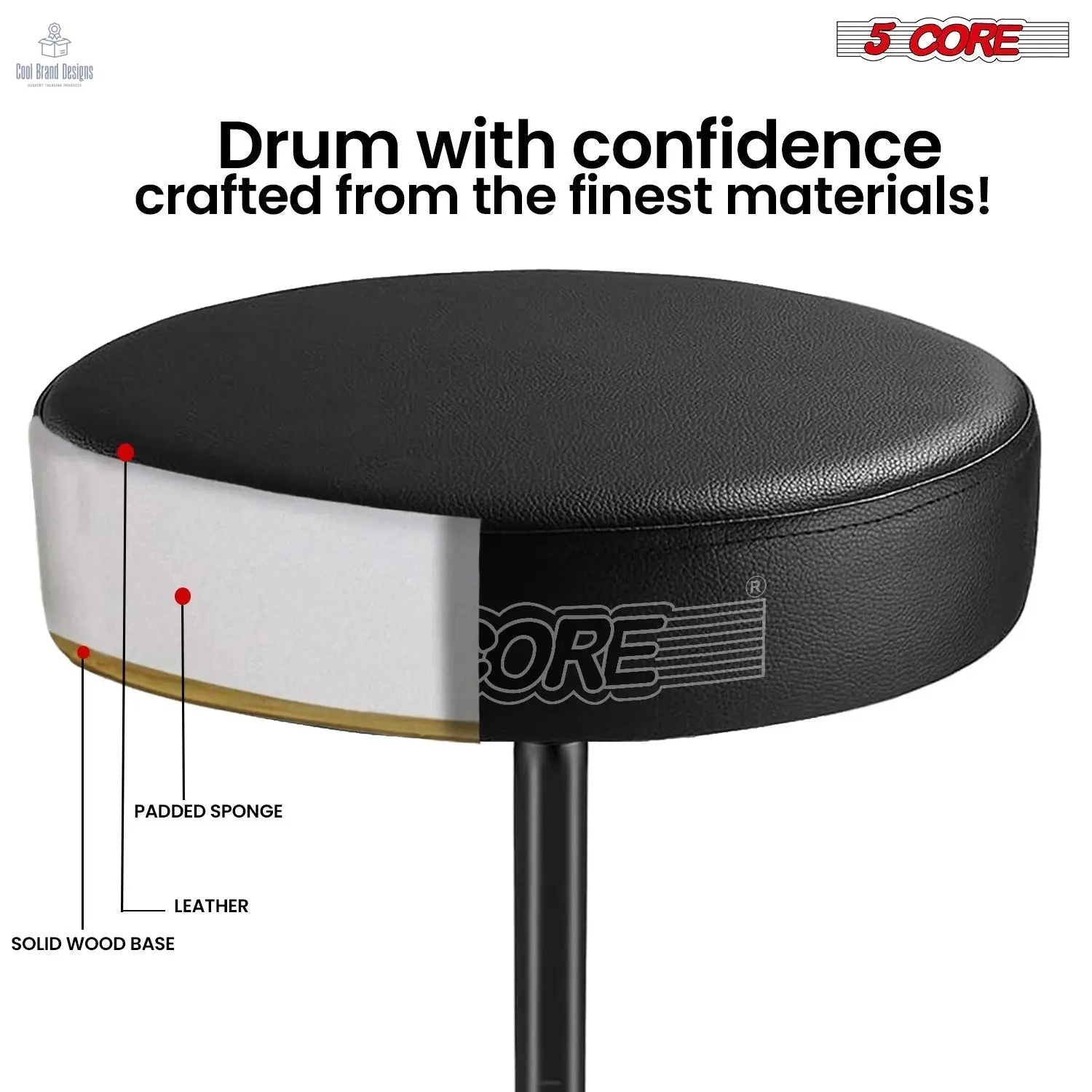 5 Core Drum Throne 3" Thick Padded Memory Foam Comfortable Drummer Stool 330Lb Capacity Adjustable - Cool Brand Designs