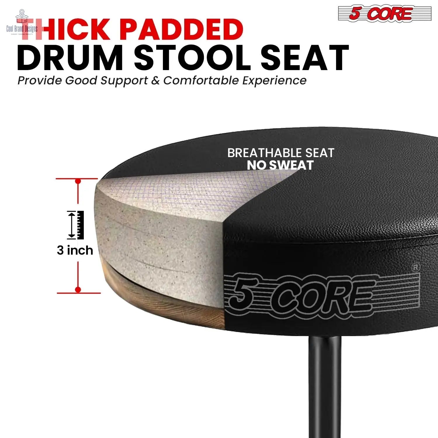 5 Core Drum Throne 3" Thick Padded Memory Foam Comfortable Drummer Stool 330Lb Capacity Adjustable - Cool Brand Designs