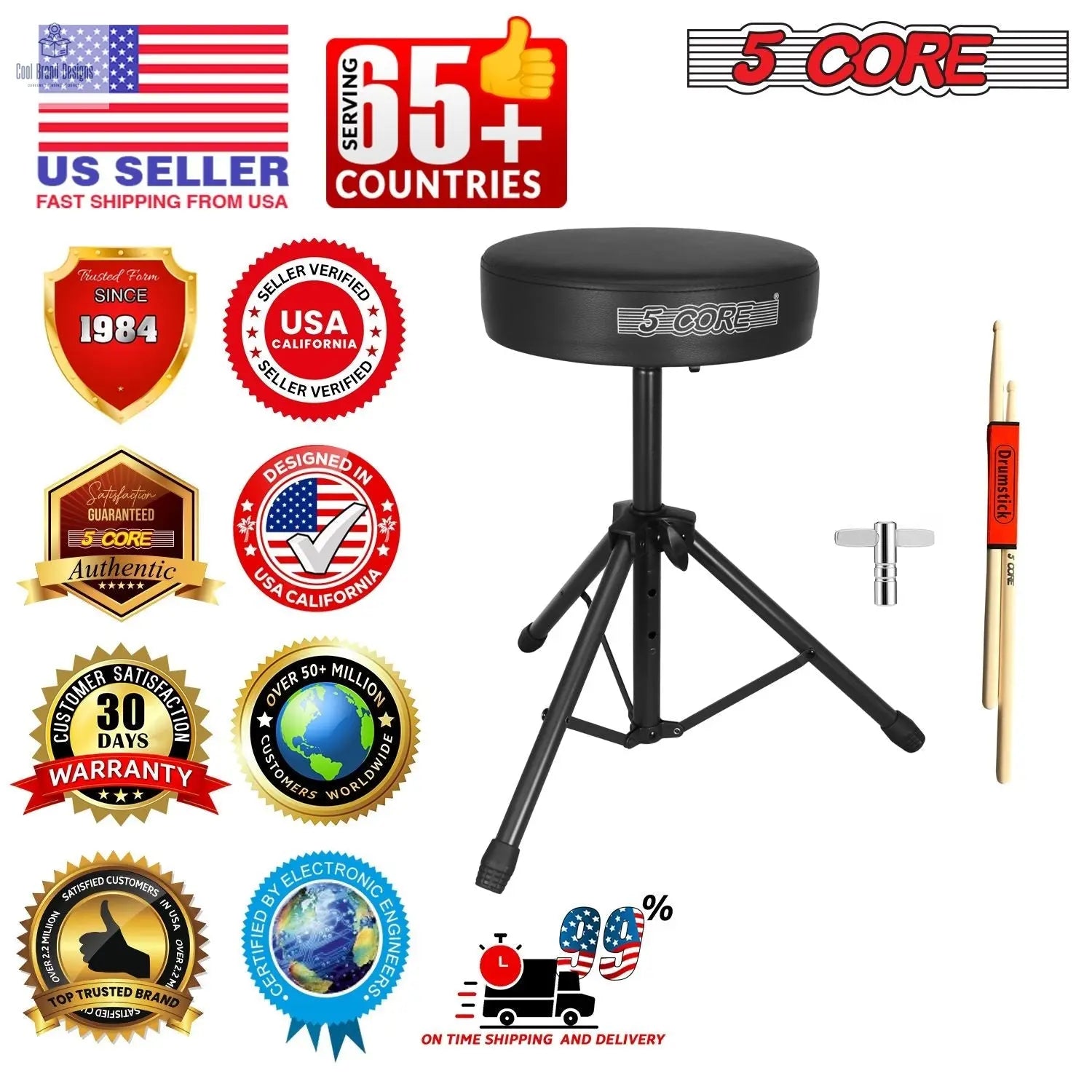 5 Core Drum Throne 3" Thick Padded Memory Foam Comfortable Drummer Stool 330Lb Capacity Adjustable - Cool Brand Designs