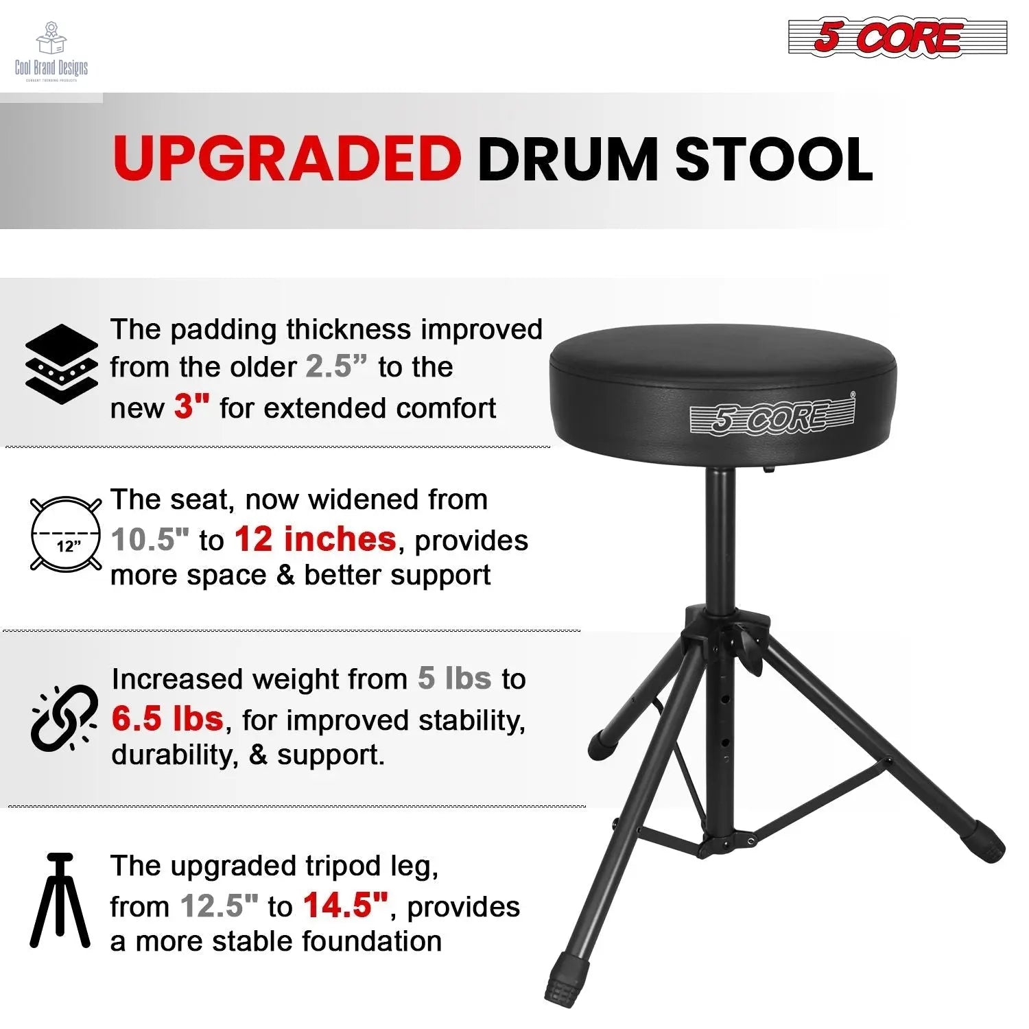5 Core Drum Throne 3" Thick Padded Memory Foam Comfortable Drummer Stool 330Lb Capacity Adjustable - Cool Brand Designs