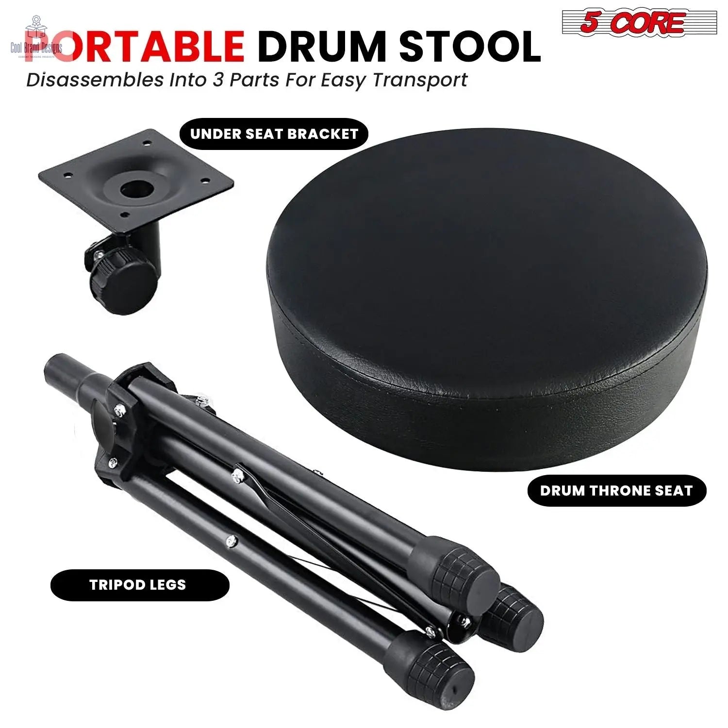 5 Core Drum Throne 3" Thick Padded Memory Foam Comfortable Drummer Stool 330Lb Capacity Adjustable - Cool Brand Designs