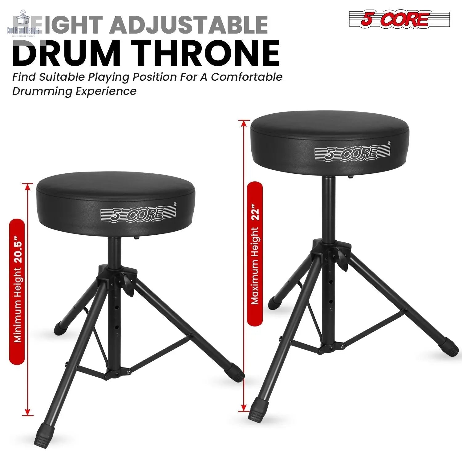 5 Core Drum Throne 3" Thick Padded Memory Foam Comfortable Drummer Stool 330Lb Capacity Adjustable - Cool Brand Designs
