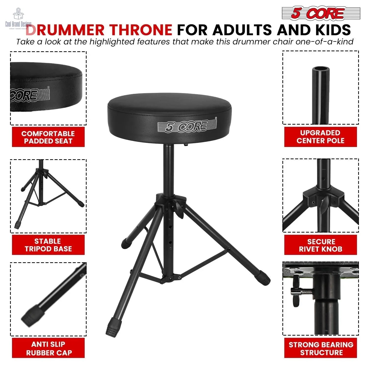 5 Core Drum Throne 3" Thick Padded Memory Foam Comfortable Drummer Stool 330Lb Capacity Adjustable - Cool Brand Designs