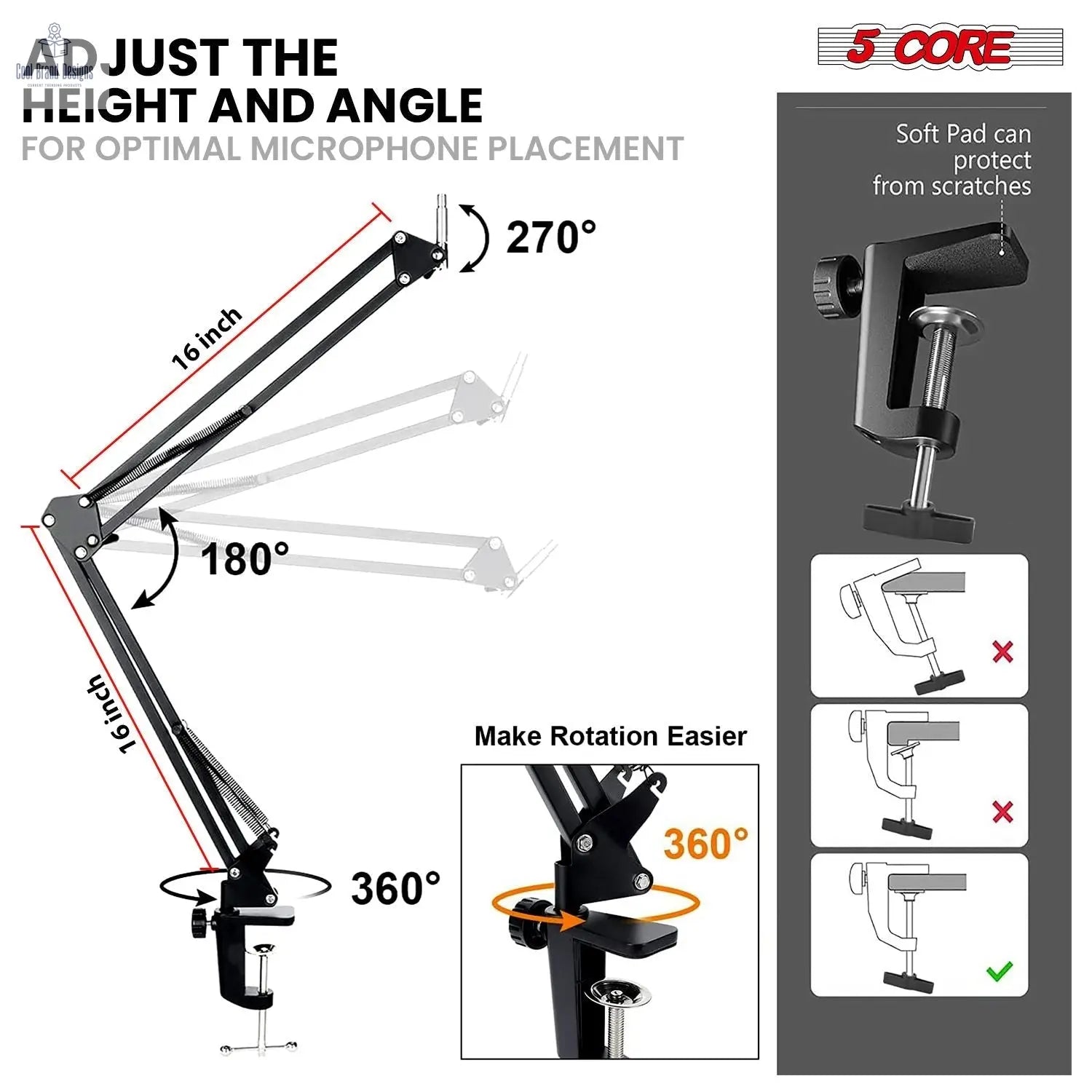 5 Core Microphone Arm Stand Upgraded Adjustable Suspension Boom Scissor Arm Mic Holder with Pop Filter 3/8" to 5/8" Adapter Mic Clip Shock Mount Cable Ties ARM SET 16 - Cool Brand Designs