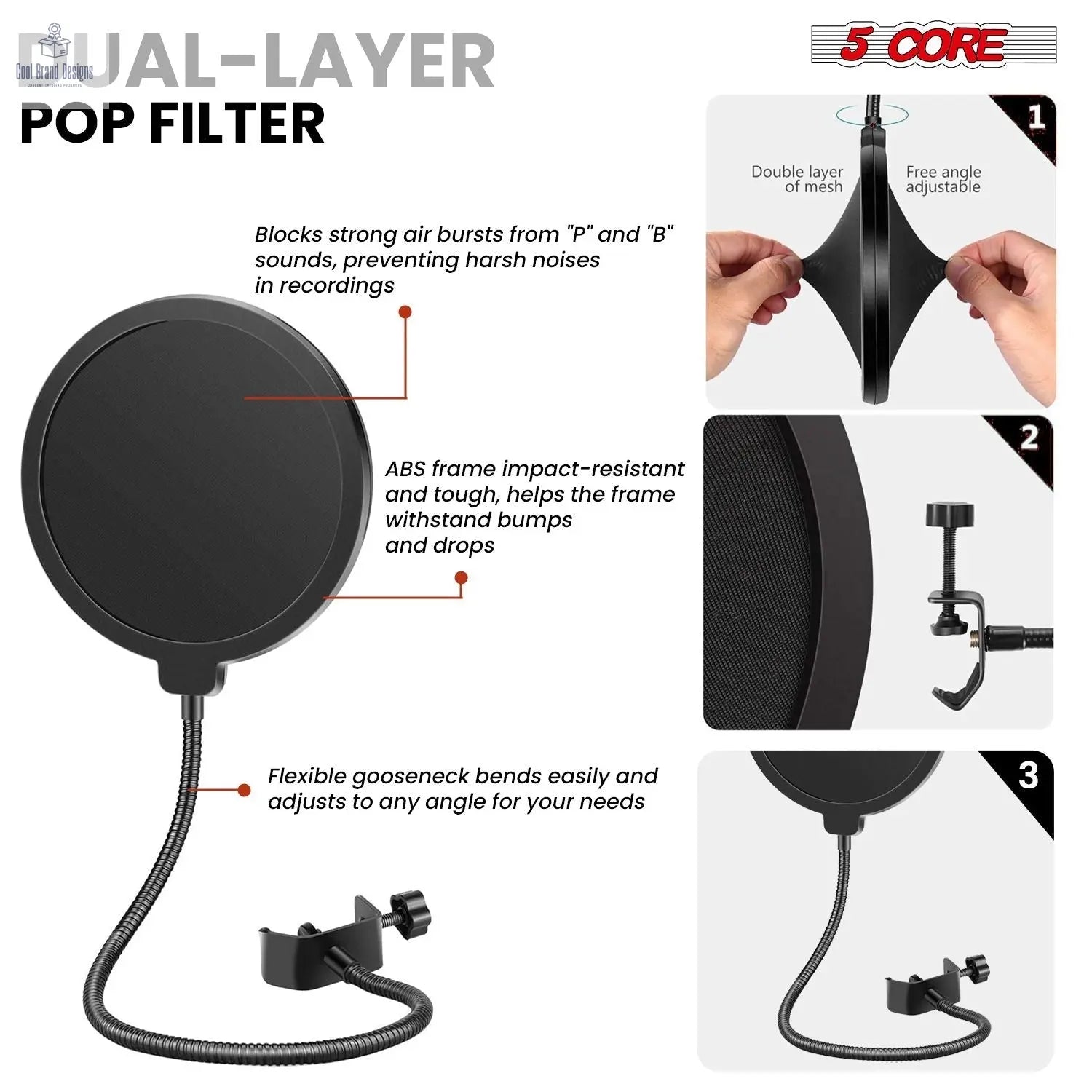 5 Core Microphone Arm Stand Upgraded Adjustable Suspension Boom Scissor Arm Mic Holder with Pop Filter 3/8" to 5/8" Adapter Mic Clip Shock Mount Cable Ties ARM SET 16 - Cool Brand Designs
