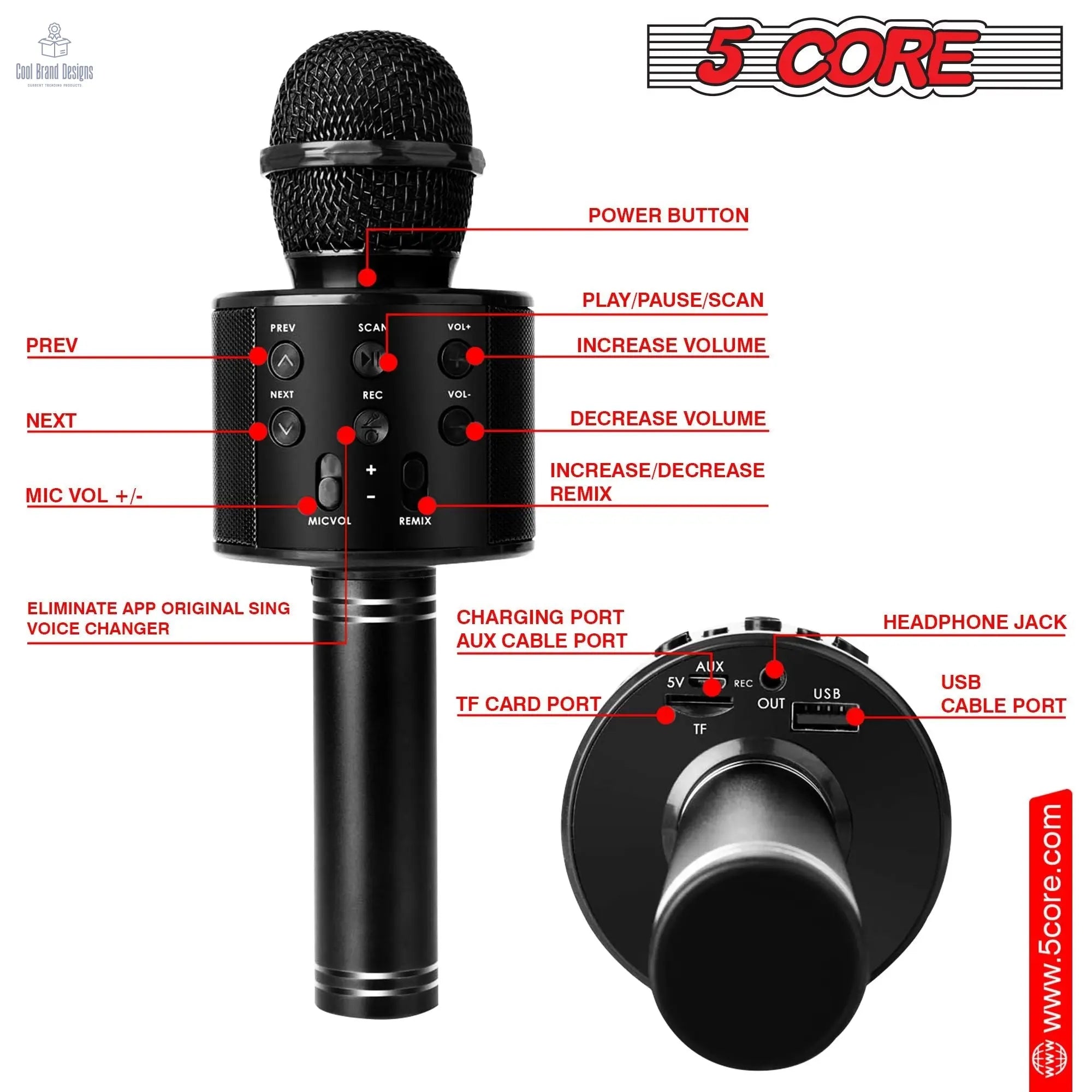 5 Core Microphone Wireless Karaoke Mic With Speaker 3 in 1 Portable Bluetooth Microfono Inalambrico - Cool Brand Designs