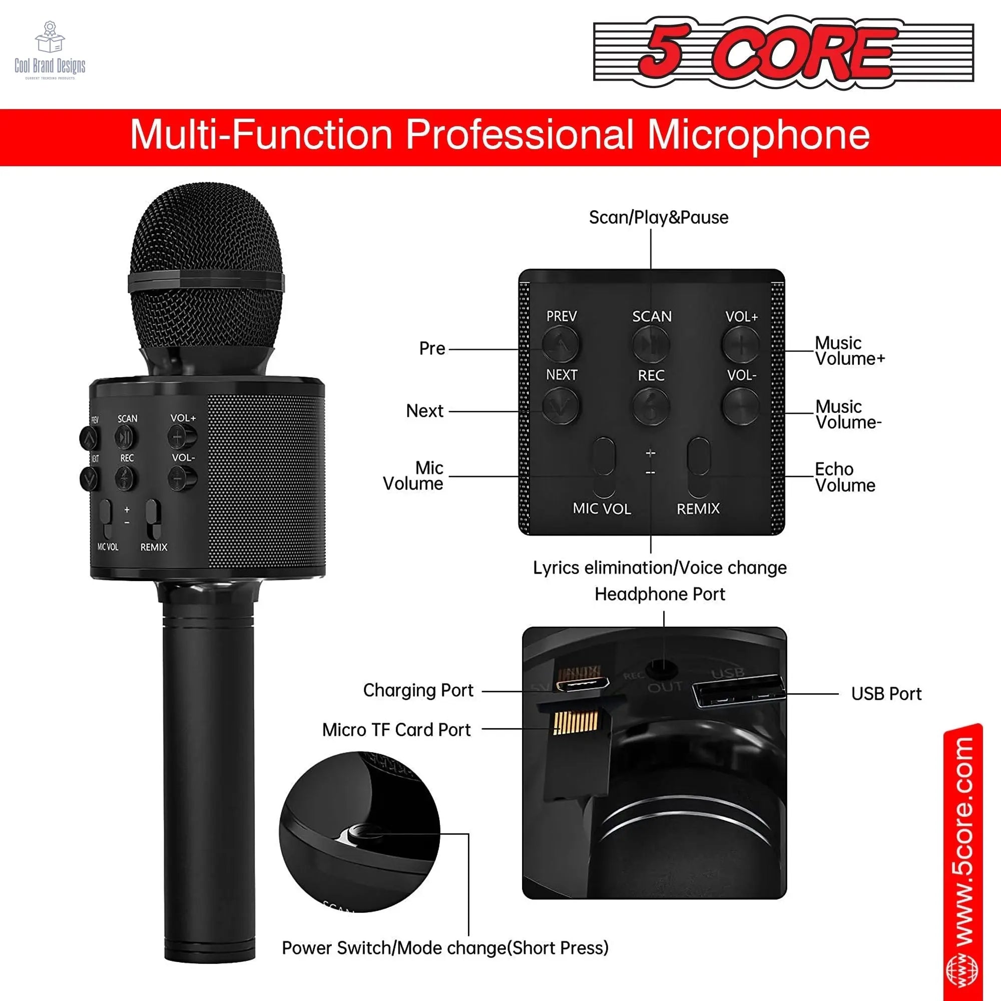 5 Core Microphone Wireless Karaoke Mic With Speaker 3 in 1 Portable Bluetooth Microfono Inalambrico - Cool Brand Designs