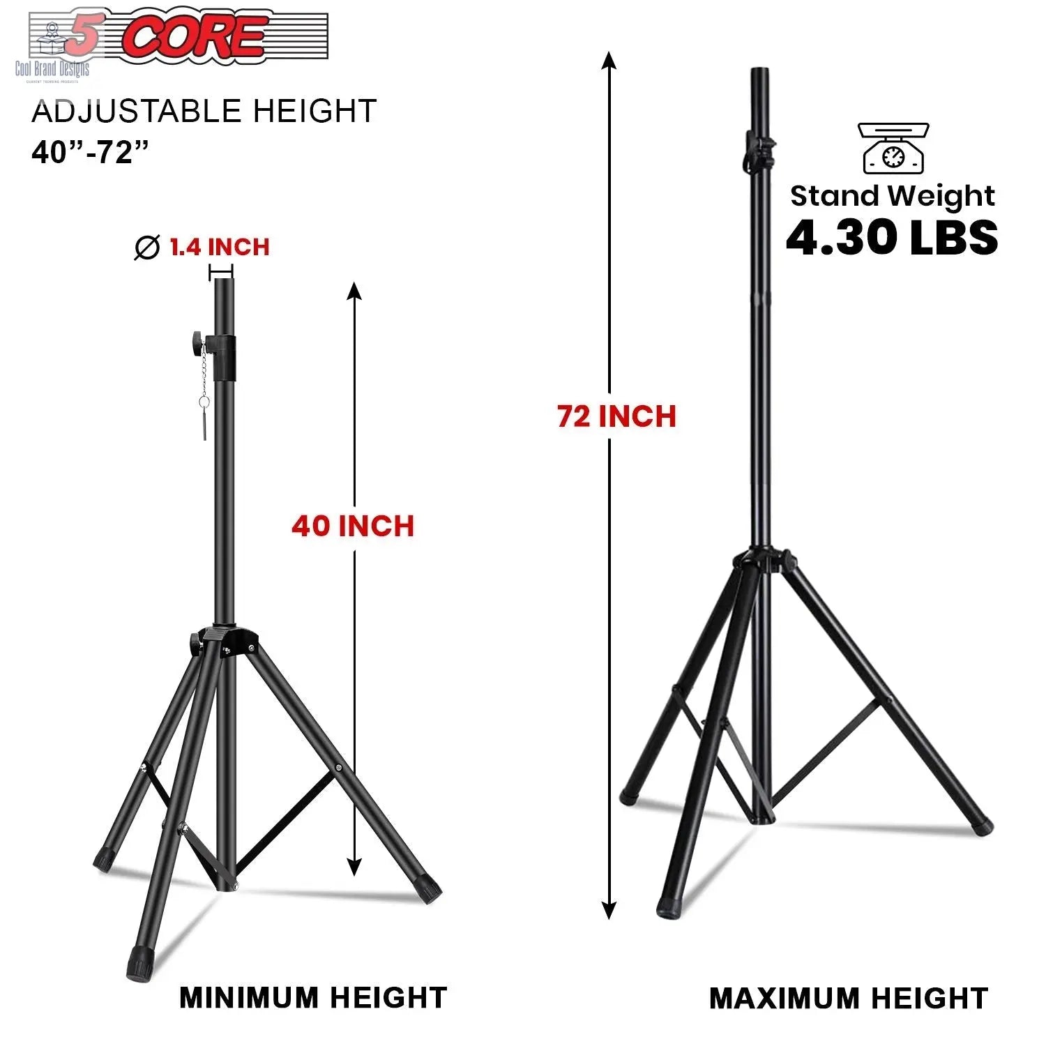 5 Core Speaker Stand Height Adjustable PA DJ Tripod Studio Monitor Stands w 35mm Compatible Insert - SS ECO 1PK BLK WoB - Cool Brand Designs