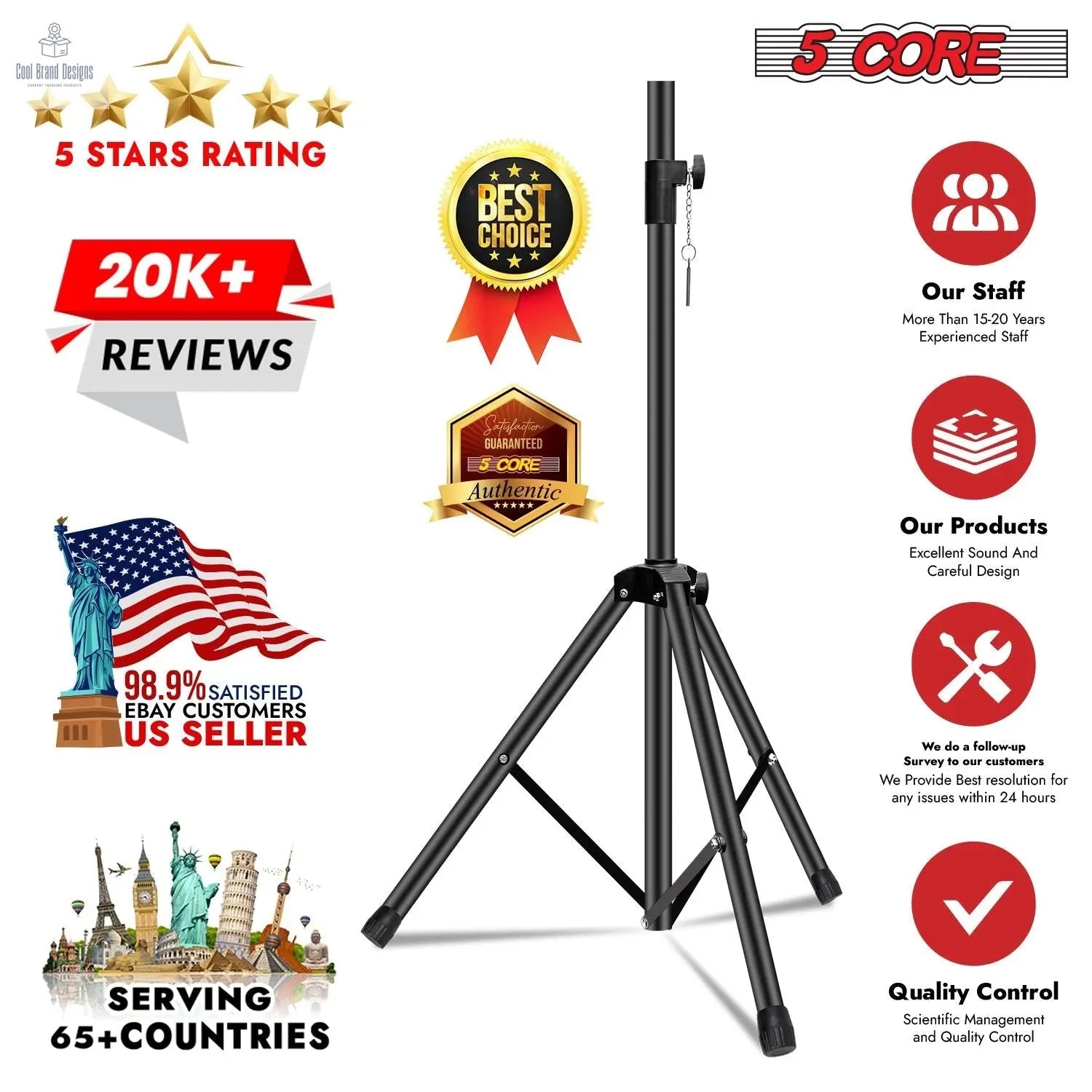 5 Core Speaker Stand Height Adjustable PA DJ Tripod Studio Monitor Stands w 35mm Compatible Insert - SS ECO 1PK BLK WoB - Cool Brand Designs