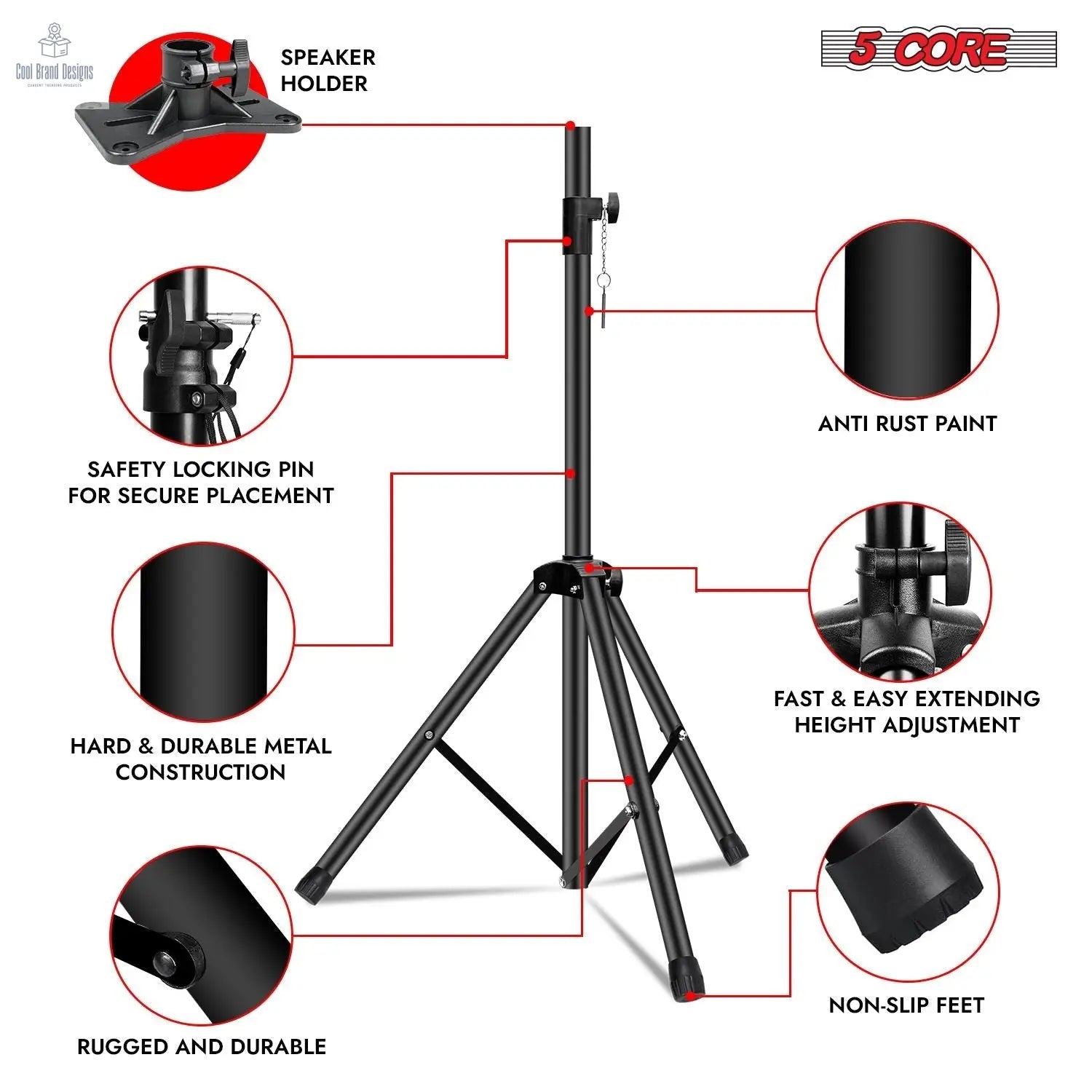 5 Core Speaker Stand Height Adjustable PA DJ Tripod Studio Monitor Stands w 35mm Compatible Insert - SS ECO 1PK BLK WoB - Cool Brand Designs