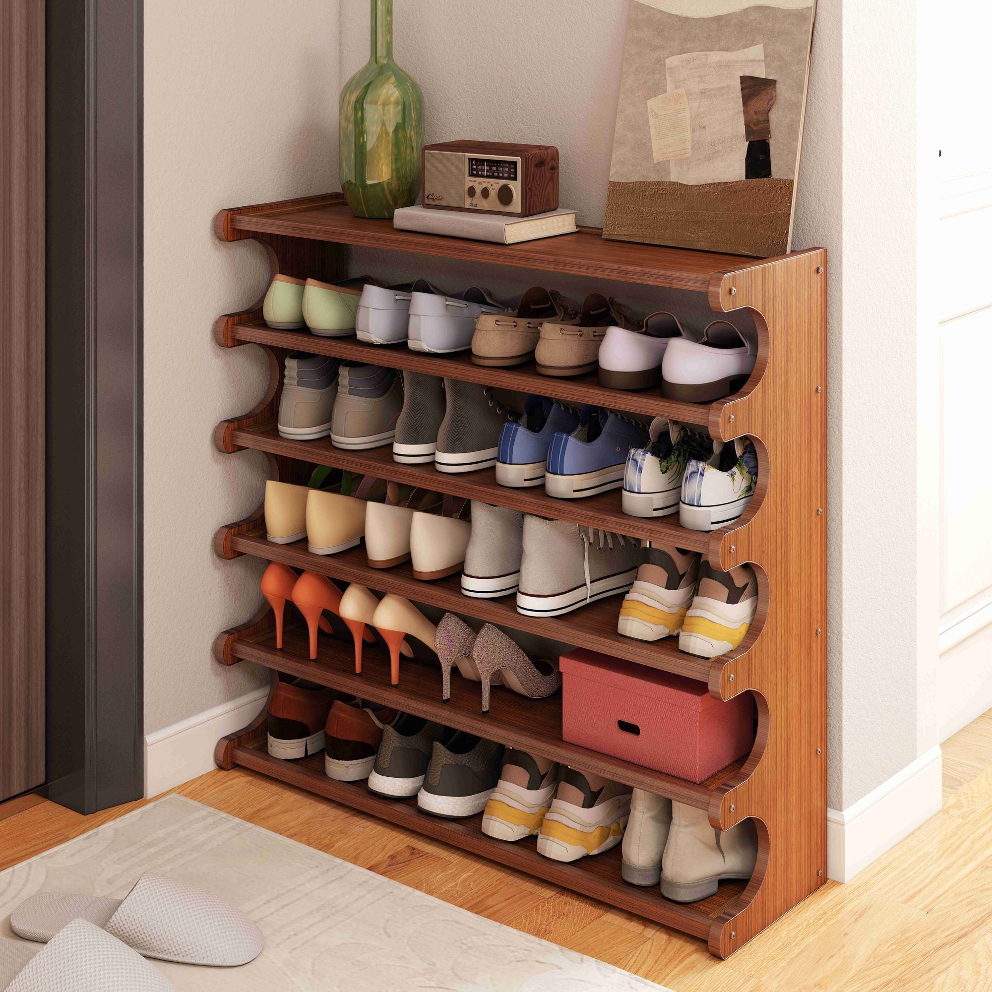 5/6-layer practical storage rack, shoe rack, space-saving design, multi-layer independent storage rack, wood grain finish, easy to assemble, self-supporting cubic shoe storage rack, storage rack, sui - Cool Brand Designs