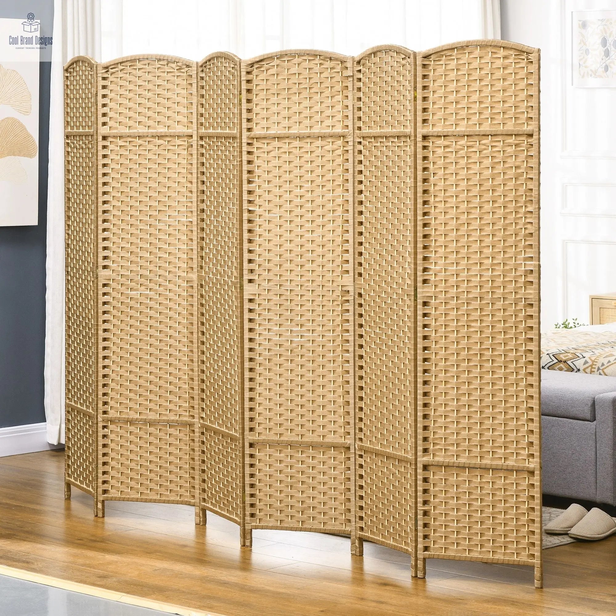 6 Panel Room Divider, 5.6 Ft Tall Freestanding Privacy Screen, Natural Wood Flexible Space Partition - Cool Brand Designs