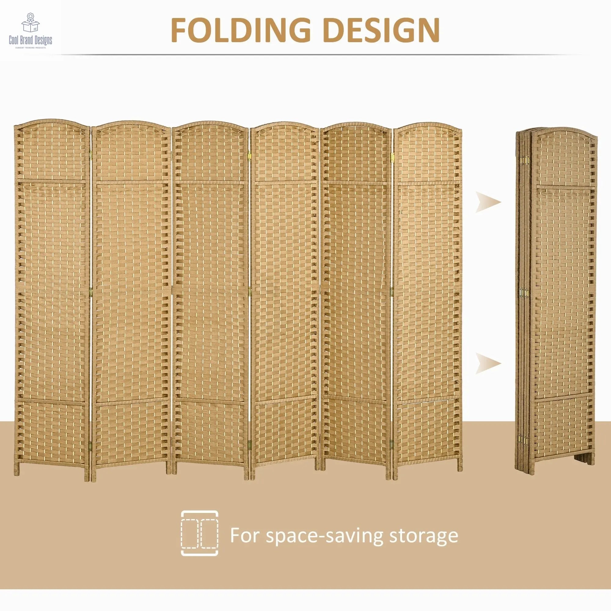6 Panel Room Divider, 5.6 Ft Tall Freestanding Privacy Screen, Natural Wood Flexible Space Partition - Cool Brand Designs