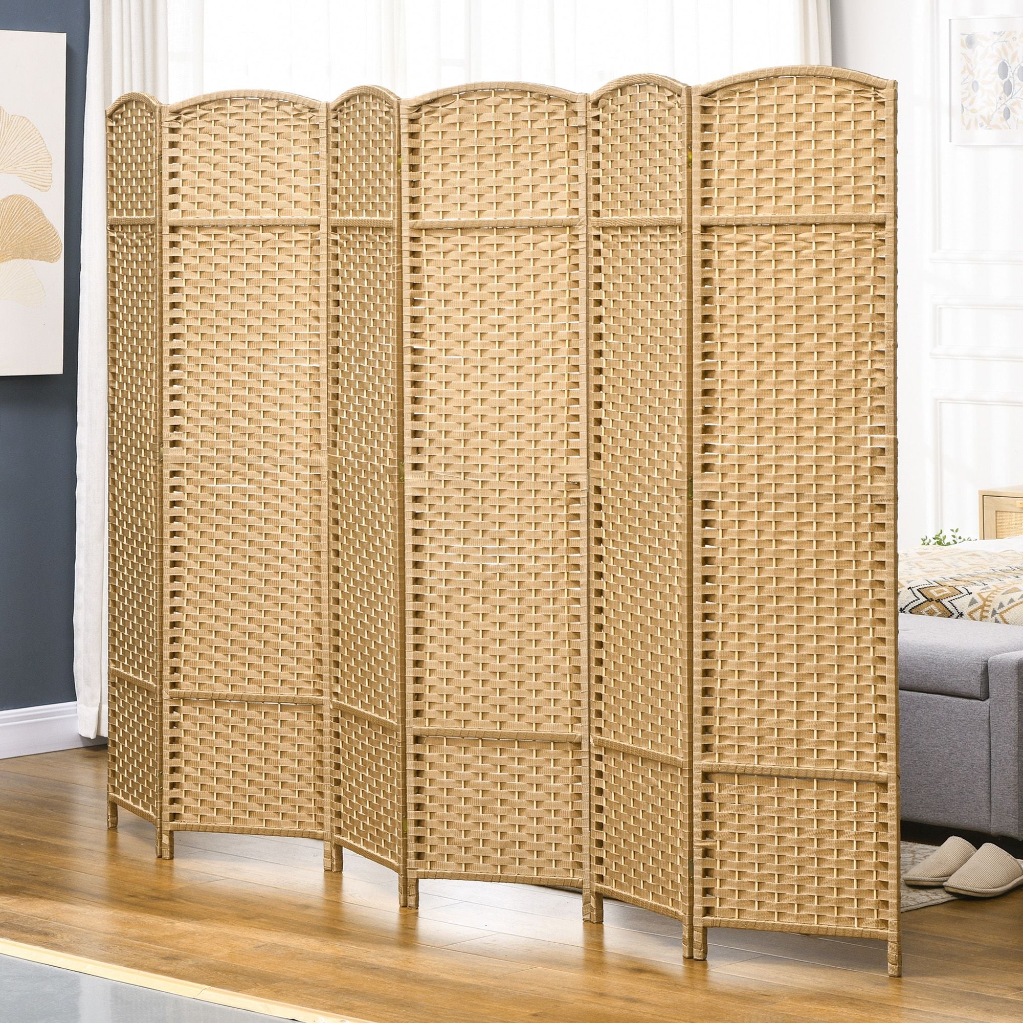 6 Panel Room Divider, 5.6 Ft Tall Freestanding Privacy Screen, Natural Wood Flexible Space Partition - Cool Brand Designs