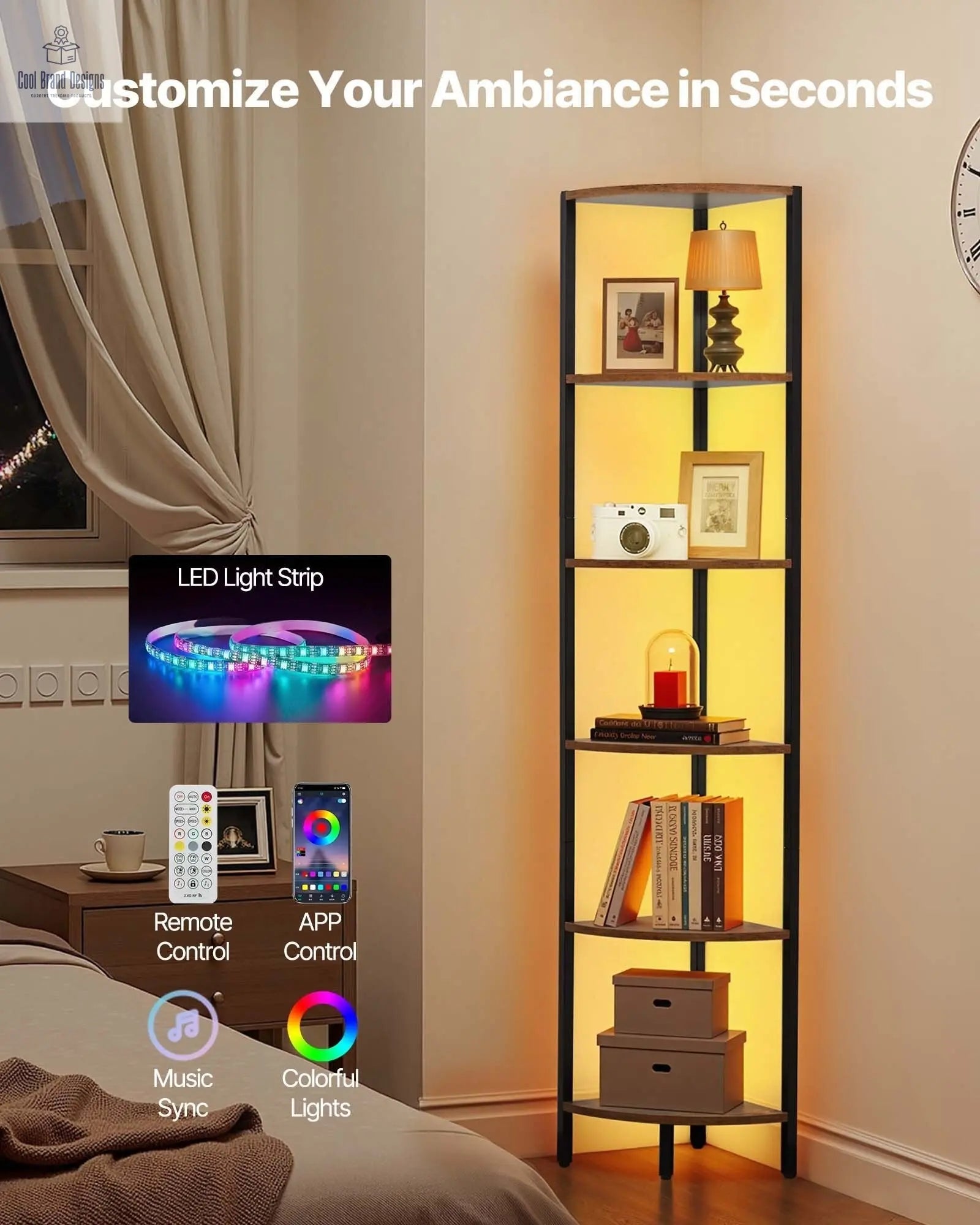 6 Tier Corner Shelf with LED Light, 68" Tall Corner Bookshelf with Storage Shelves for Collectibles, Display Shelf with Multi - color Lights Controlled Via RC/APP for Bedroom, Living Room, Office - Cool Brand Designs