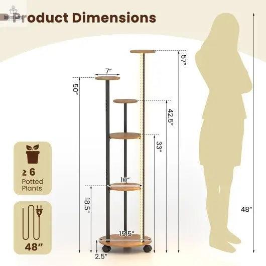 6 - tier Plant Stand with RGB Light and Wheels 57inch Tall Indoor Display Shelf Flowerpot Holder - Rustic Brown - Cool Brand Designs