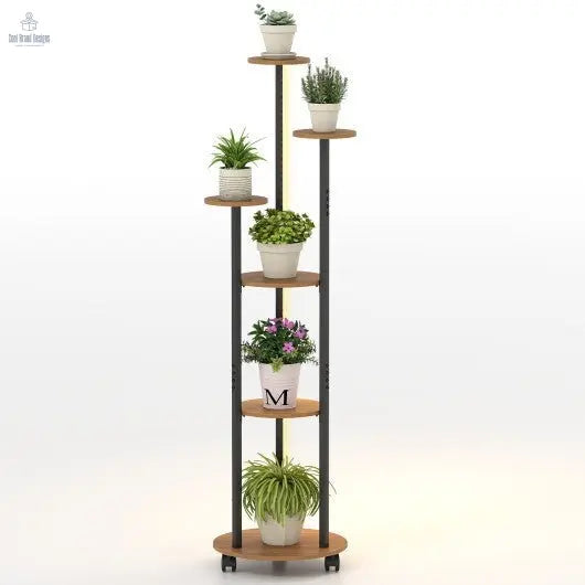6 - tier Plant Stand with RGB Light and Wheels 57inch Tall Indoor Display Shelf Flowerpot Holder - Rustic Brown - Cool Brand Designs