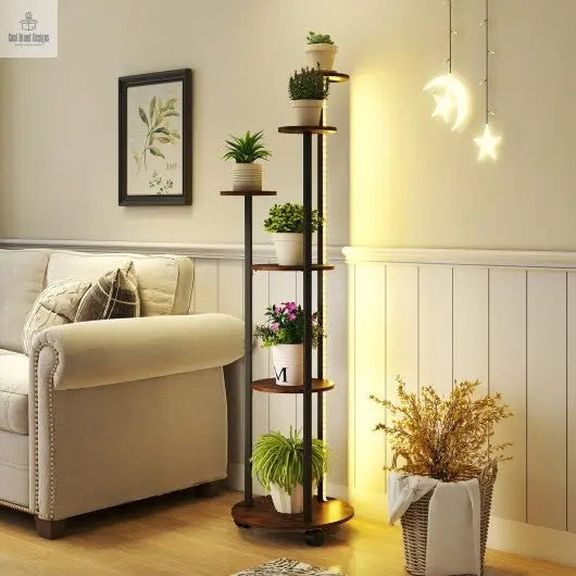 6 - tier Plant Stand with RGB Light and Wheels 57inch Tall Indoor Display Shelf Flowerpot Holder - Rustic Brown - Cool Brand Designs