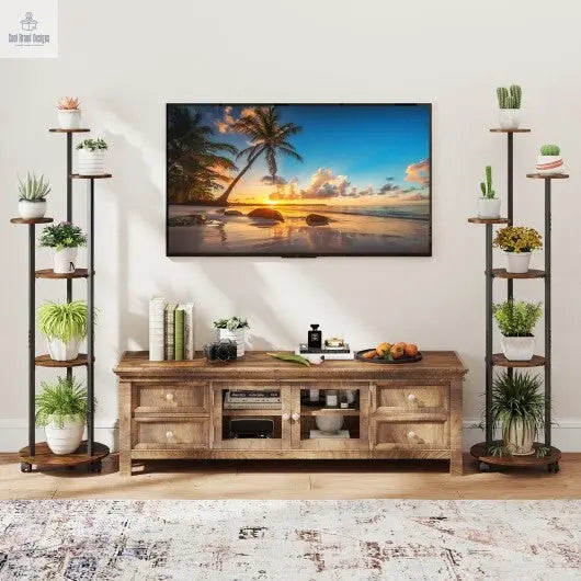 6 - tier Plant Stand with RGB Light and Wheels 57inch Tall Indoor Display Shelf Flowerpot Holder - Rustic Brown - Cool Brand Designs