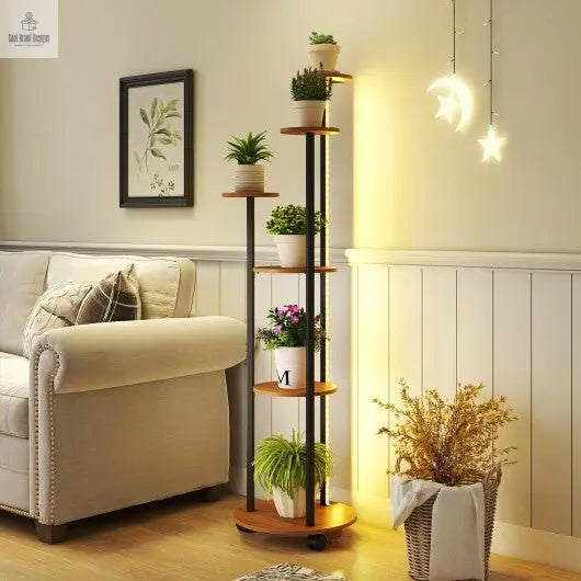 6 - tier Plant Stand with RGB Light and Wheels 57inch Tall Indoor Display Shelf Flowerpot Holder - Rustic Brown - Cool Brand Designs