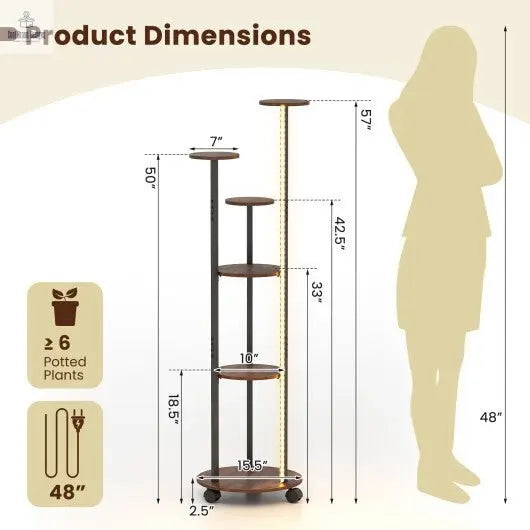 6 - tier Plant Stand with RGB Light and Wheels 57inch Tall Indoor Display Shelf Flowerpot Holder - Rustic Brown - Cool Brand Designs