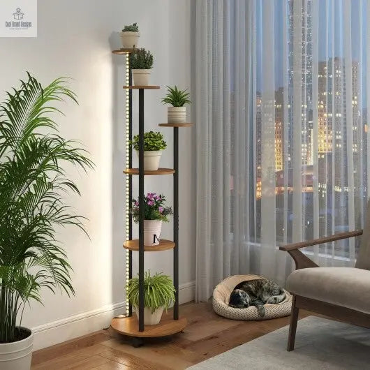 6 - tier Plant Stand with RGB Light and Wheels 57inch Tall Indoor Display Shelf Flowerpot Holder - Rustic Brown - Cool Brand Designs