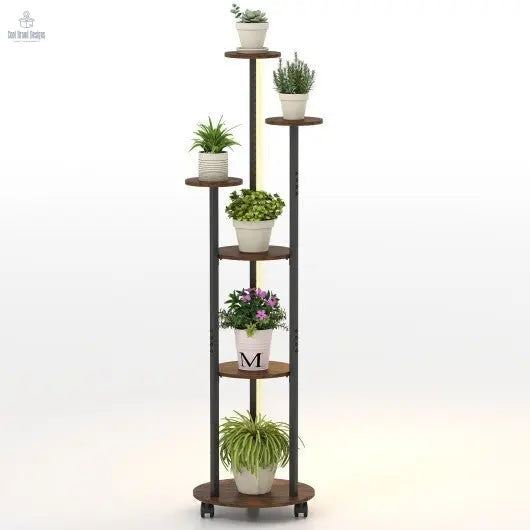 6 - tier Plant Stand with RGB Light and Wheels 57inch Tall Indoor Display Shelf Flowerpot Holder - Rustic Brown - Cool Brand Designs