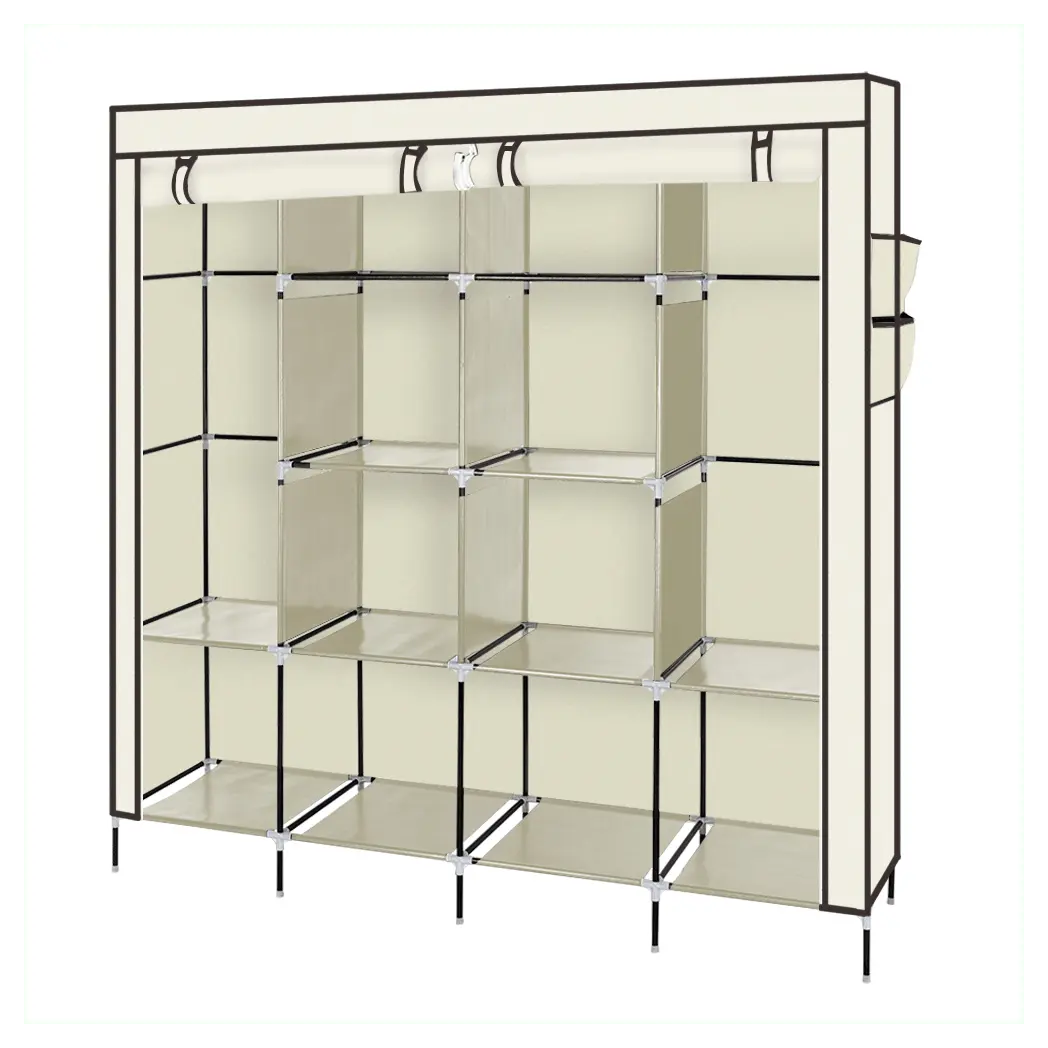 67" Clothes Closet Portable Wardrobe Clothes Storage Rack 12 Shelves 4 Side Pockets Beige - Cool Brand Designs