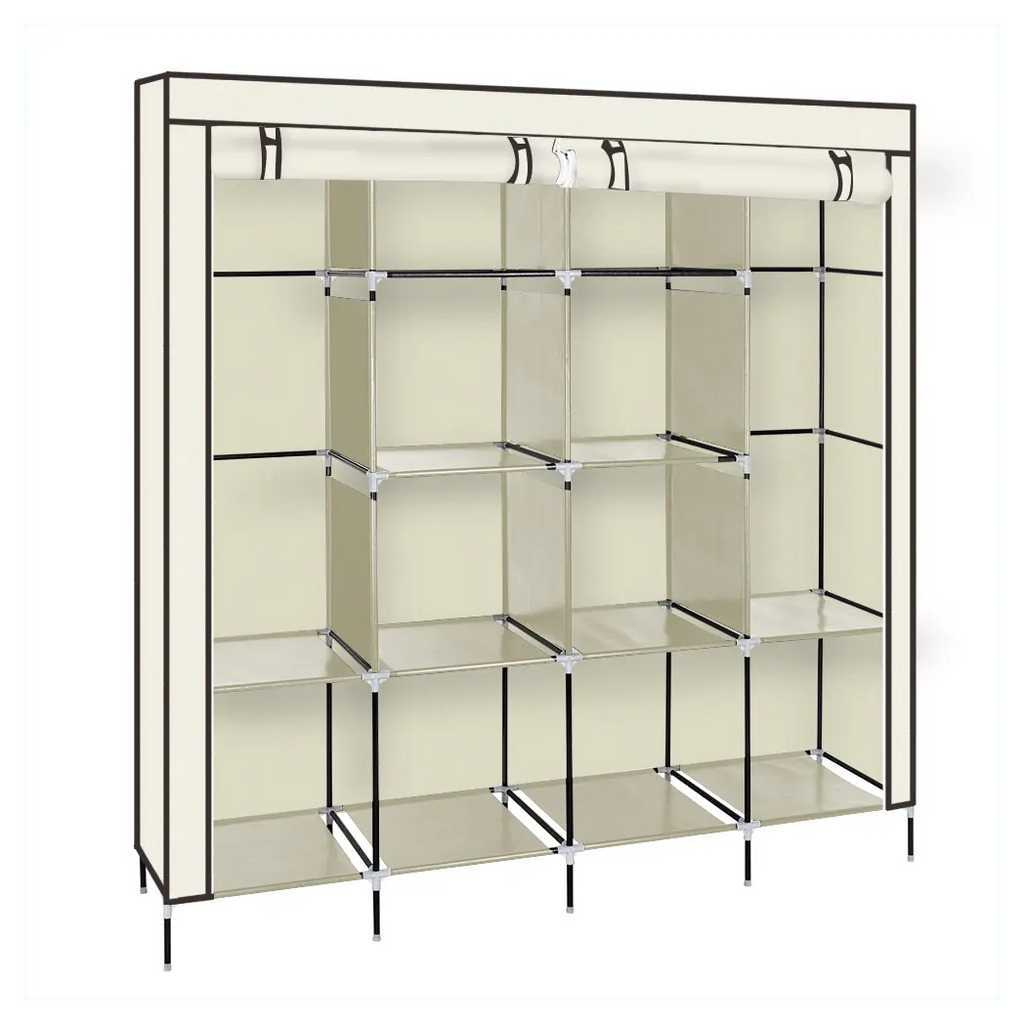 67" Clothes Closet Portable Wardrobe Clothes Storage Rack 12 Shelves 4 Side Pockets Beige - Cool Brand Designs
