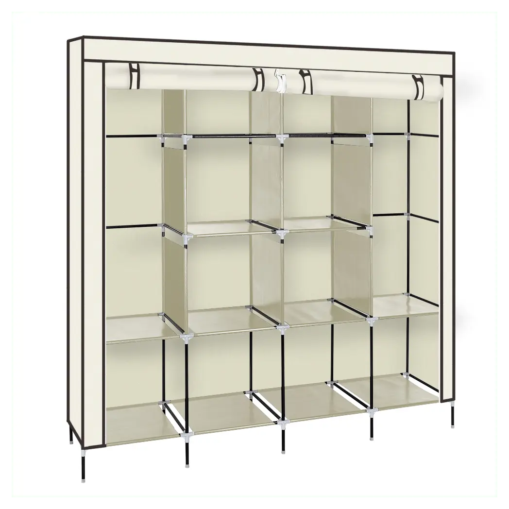 67" Clothes Closet Portable Wardrobe Clothes Storage Rack 12 Shelves 4 Side Pockets Beige - Cool Brand Designs