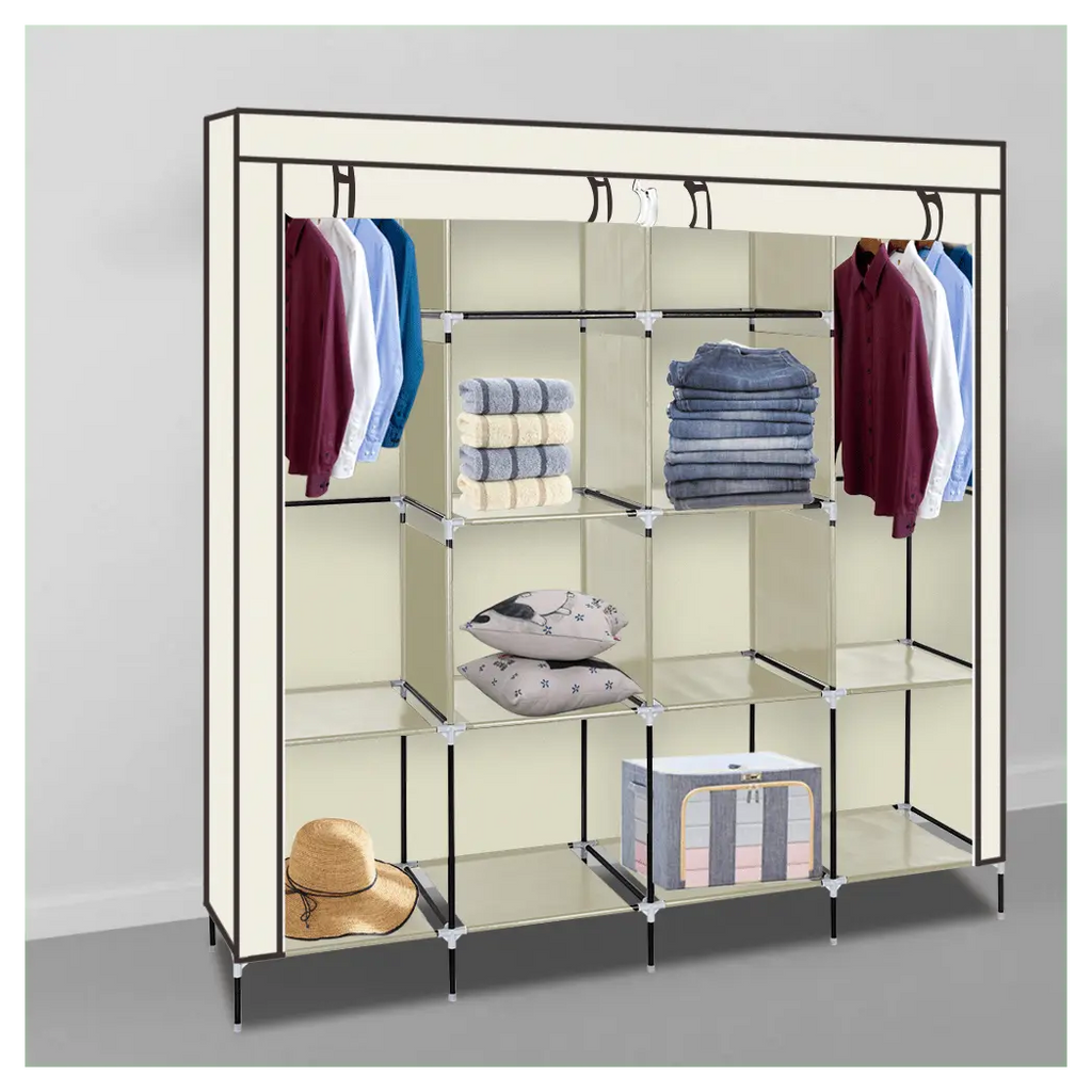 67" Clothes Closet Portable Wardrobe Clothes Storage Rack 12 Shelves 4 Side Pockets Beige - Cool Brand Designs