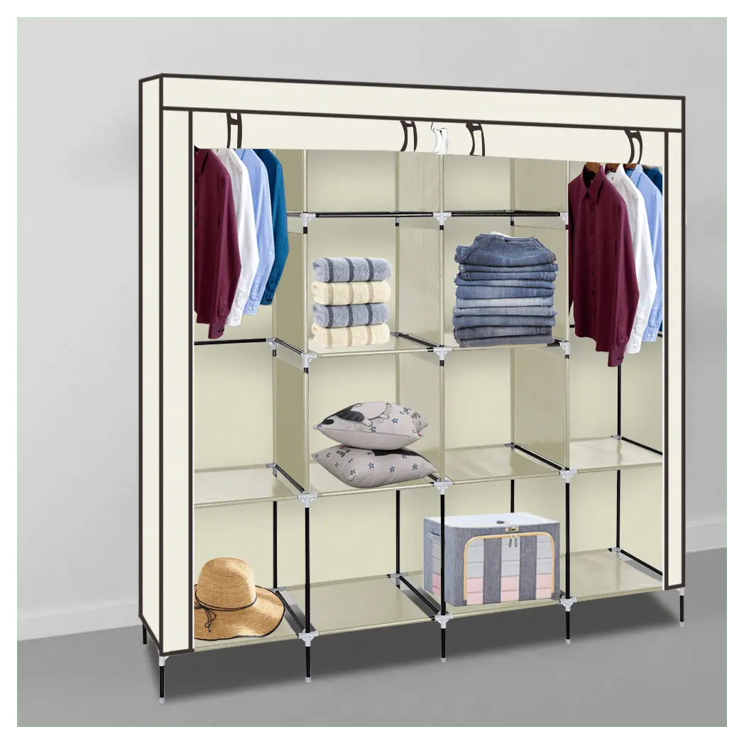 67" Clothes Closet Portable Wardrobe Clothes Storage Rack 12 Shelves 4 Side Pockets Beige - Cool Brand Designs