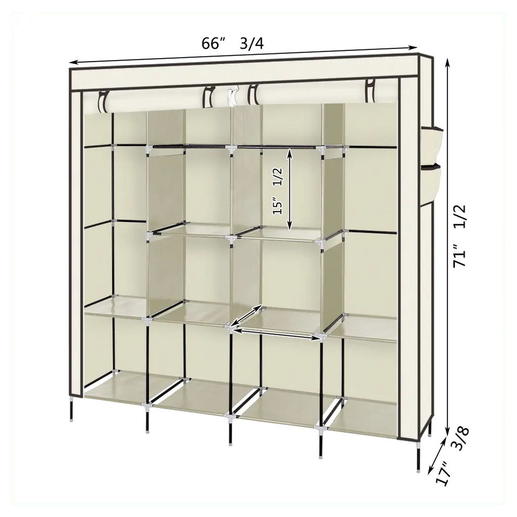 67" Clothes Closet Portable Wardrobe Clothes Storage Rack 12 Shelves 4 Side Pockets Beige - Cool Brand Designs