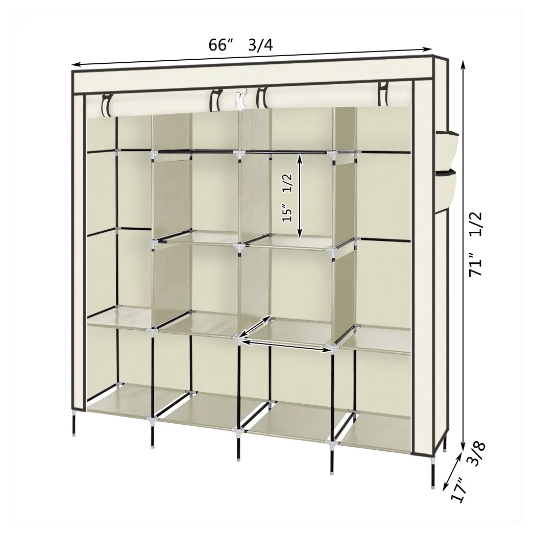 67" Clothes Closet Portable Wardrobe Clothes Storage Rack 12 Shelves 4 Side Pockets Beige - Cool Brand Designs