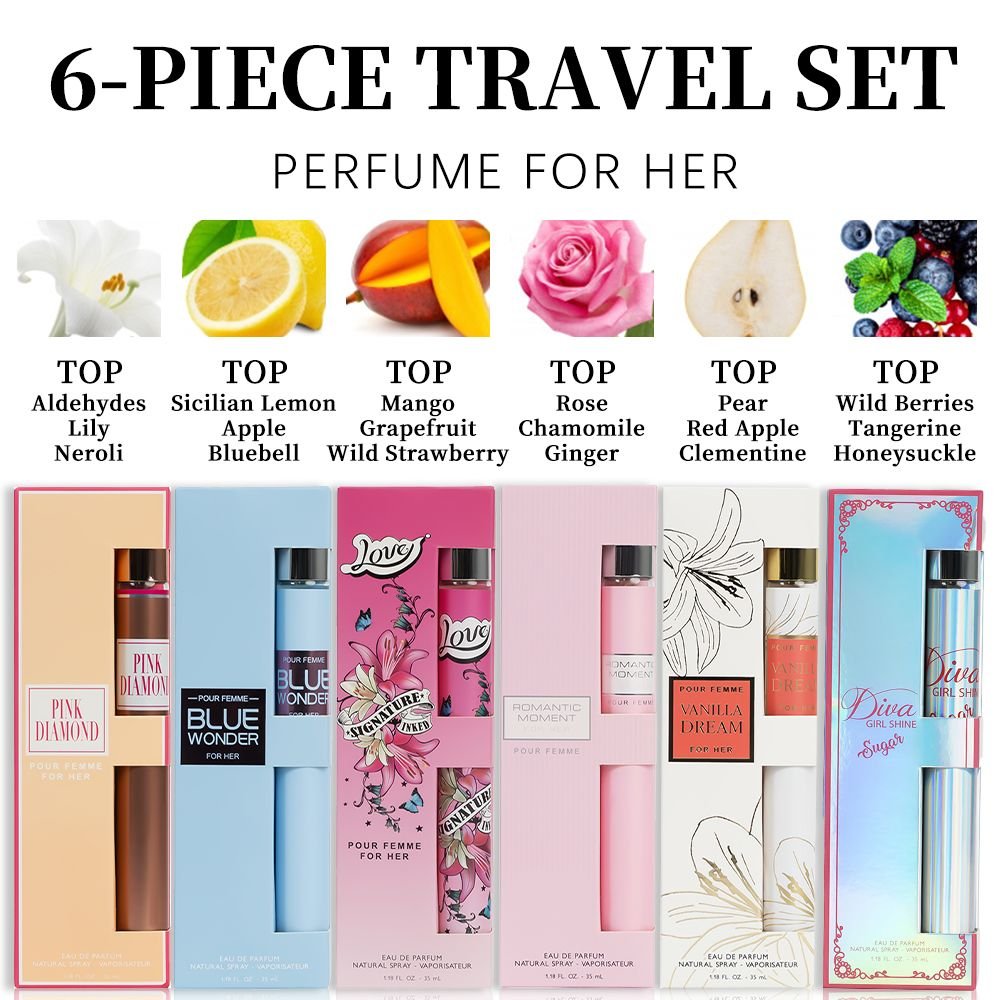 6pcs Travel Set, Women'S Eau De Parfuma Spray, Long Lasting Fragrance, 6 Different Flavor, Perfect For Holiday Gifts, Dating, Daily Life, Parties, 1.18 Fl Oz/bottle - Cool Brand Designs