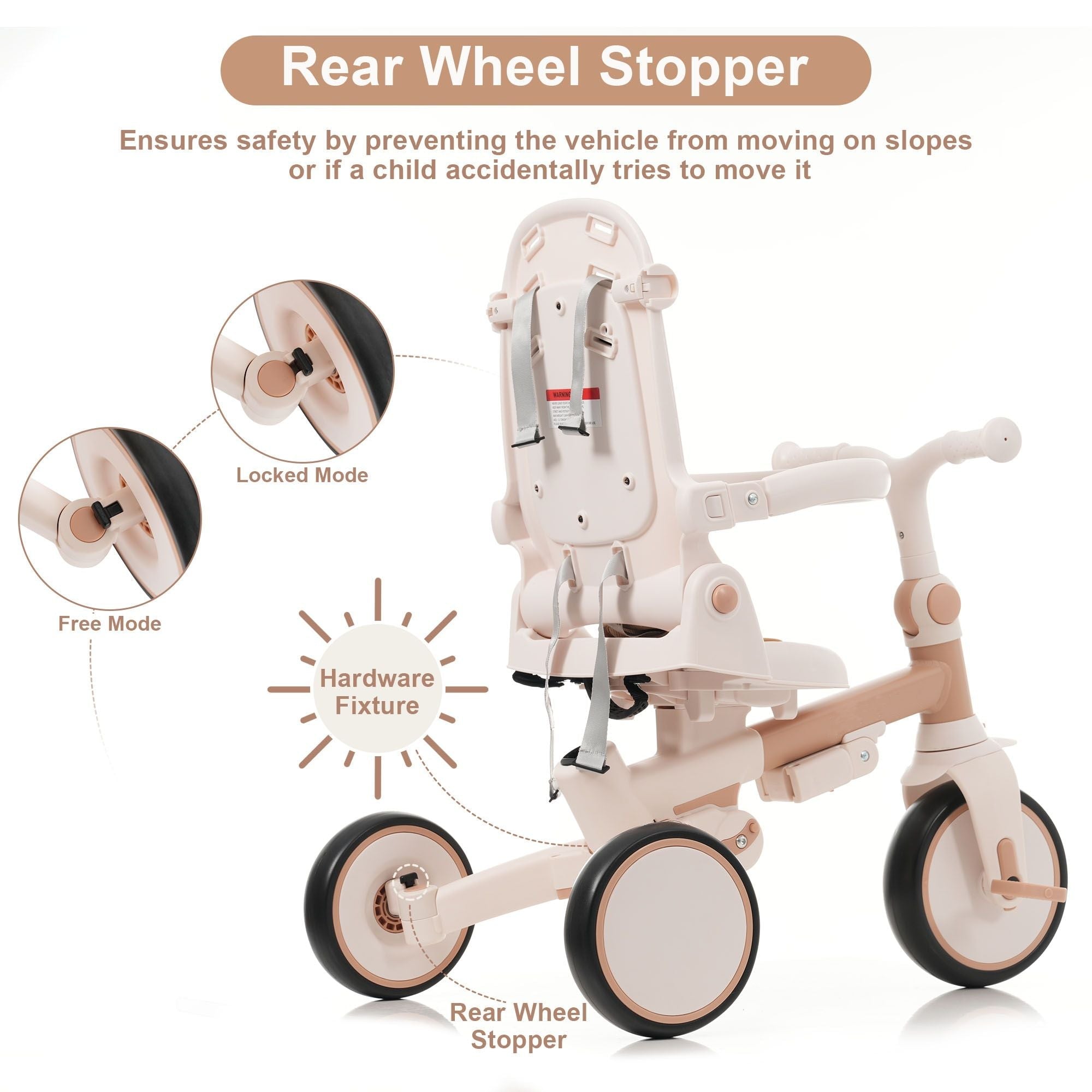 7 in 1 Baby Tricycle, Foldable Toddler Tricycle with Removable and Adjustable Parent Handle, Toddler Push Bike with Removable Pedal, Canopy, and Guardrail, Tricycle for 12-72 Months, light brown - Cool Brand Designs