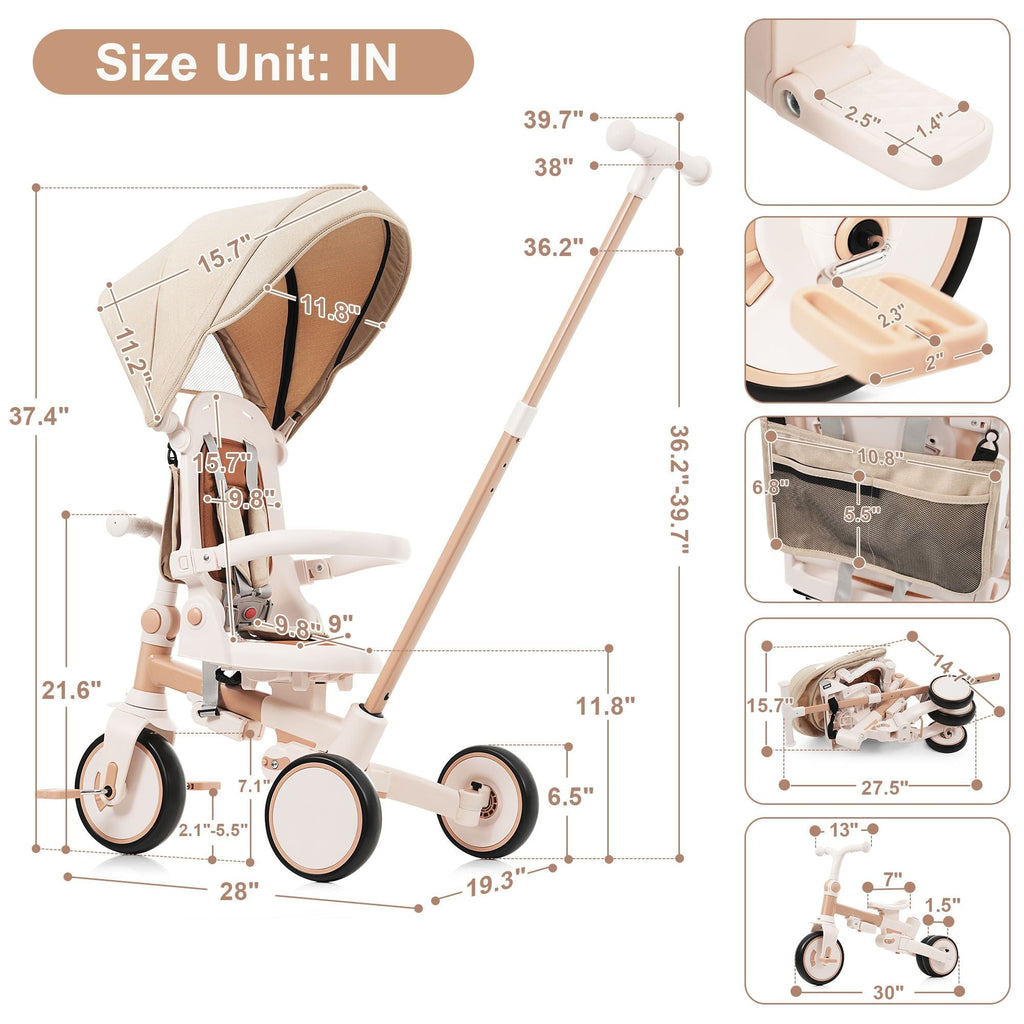 7 in 1 Baby Tricycle, Foldable Toddler Tricycle with Removable and Adjustable Parent Handle, Toddler Push Bike with Removable Pedal, Canopy, and Guardrail, Tricycle for 12-72 Months, light brown - Cool Brand Designs